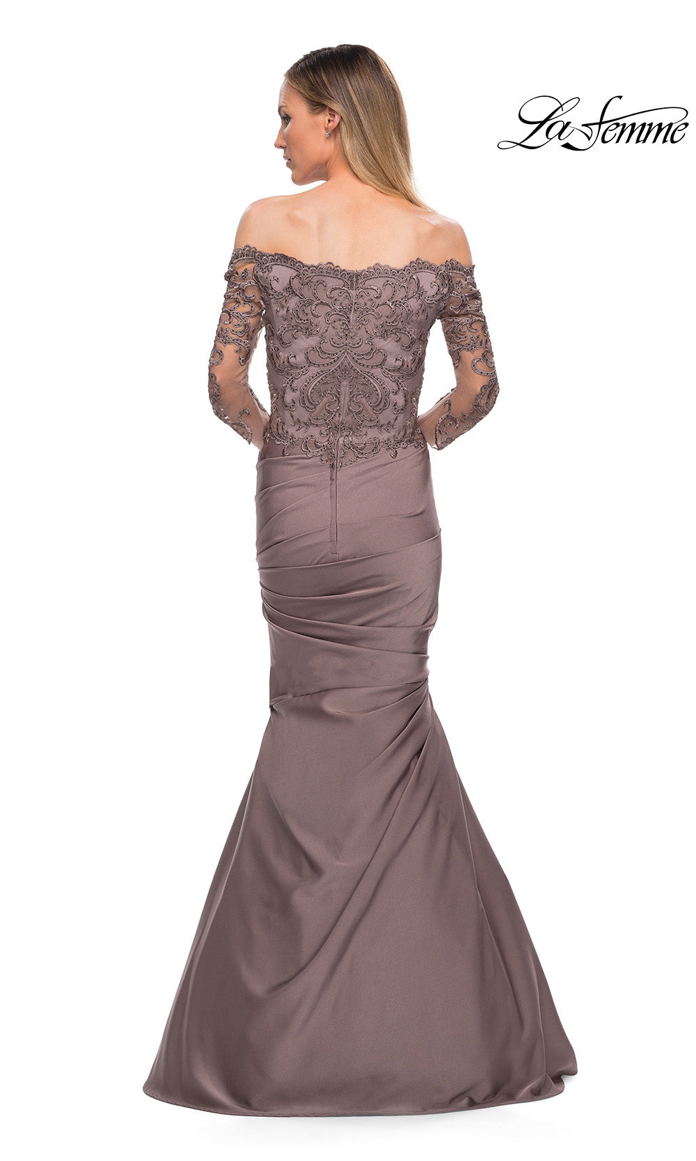 Elegant off-shoulder evening gown with lace detailing on a white background