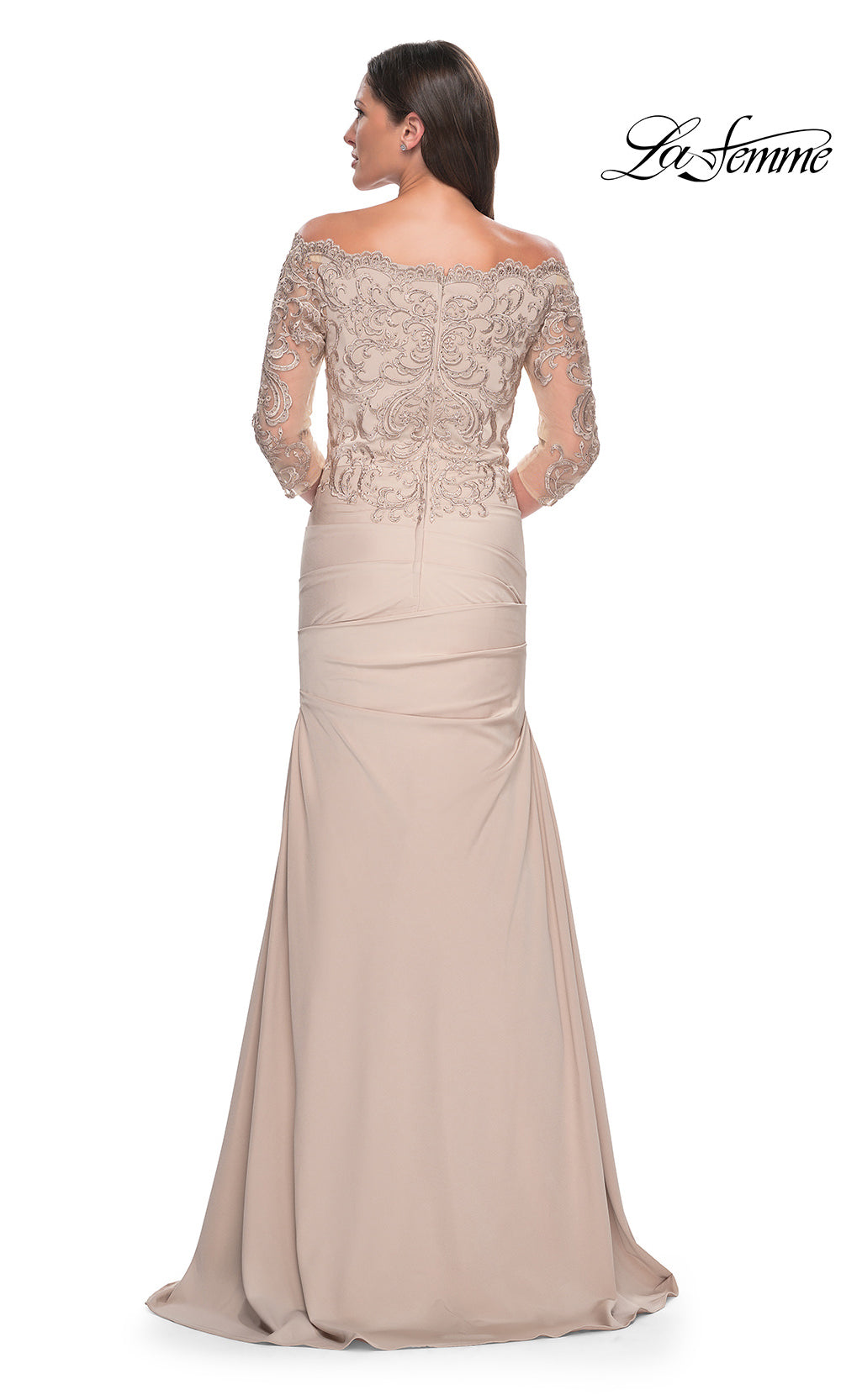 Beige evening gown with lace top and plain skirt on a white background