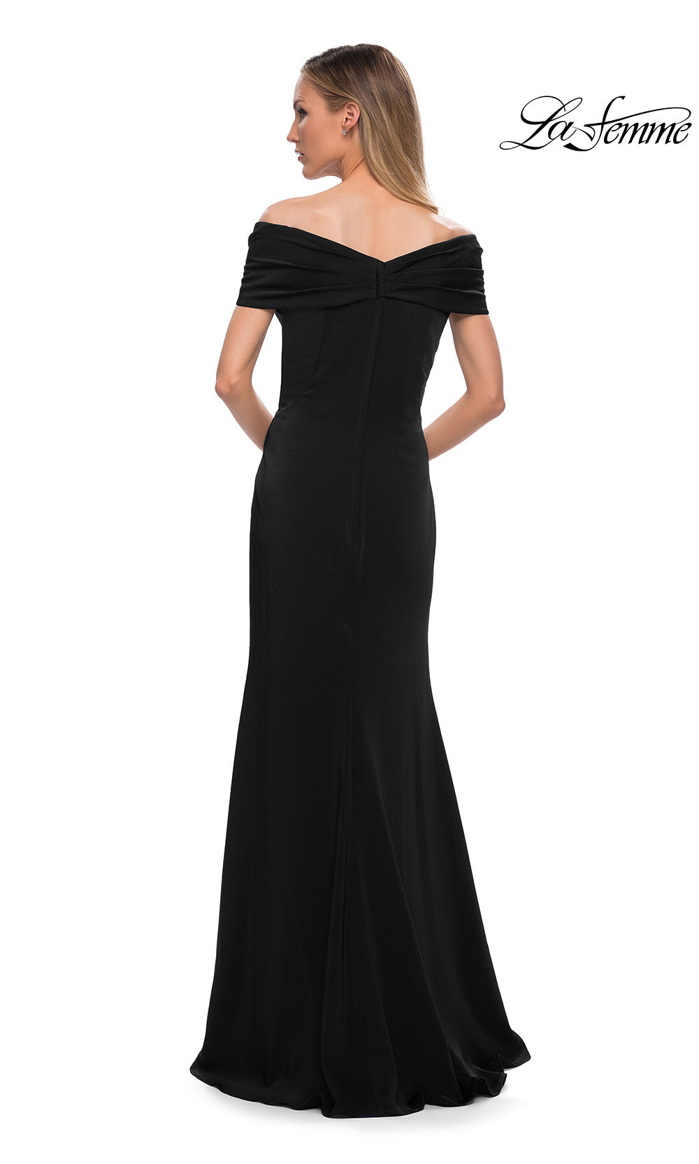 Black off-shoulder evening gown on a white background with 'La Femme' branding.