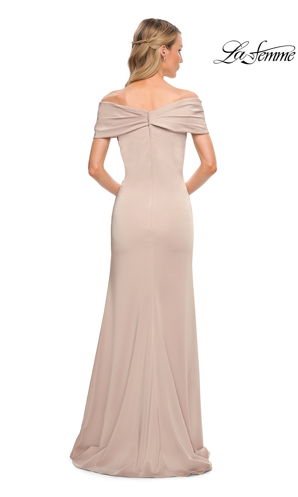 Beige off-shoulder evening gown on a white background with 'La Femme' branding.