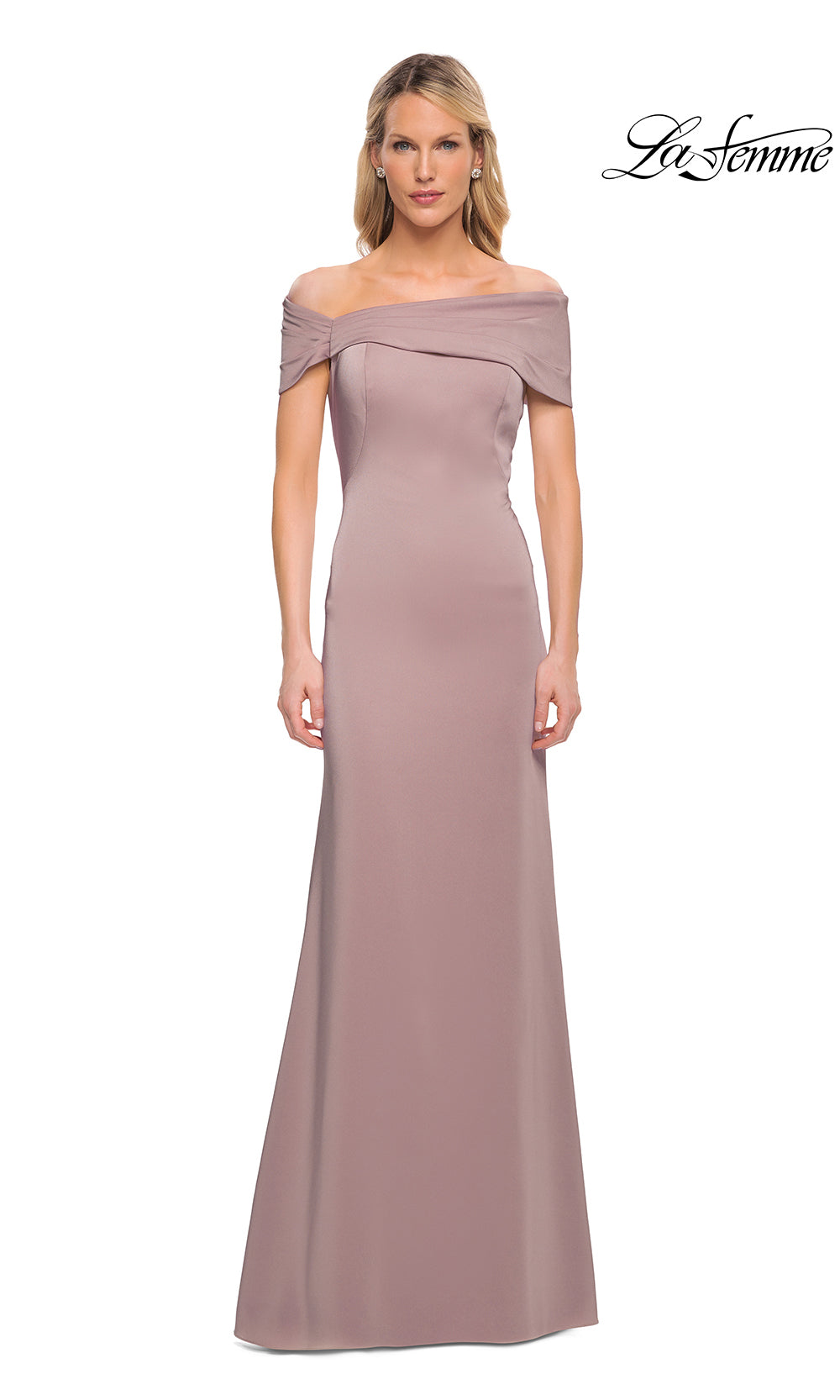 Woman wearing a mauve off-shoulder evening gown on a white background with 'La Femme' branding.
