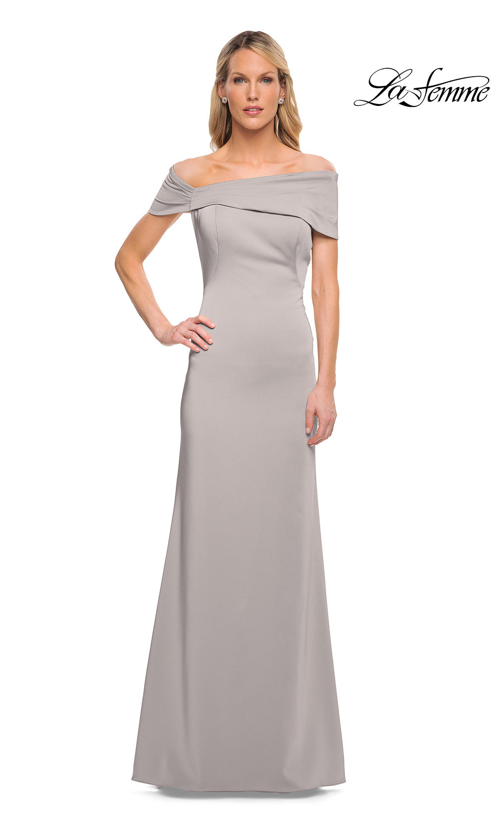Woman wearing a gray off-shoulder evening gown on a white background with 'La Femme' branding.