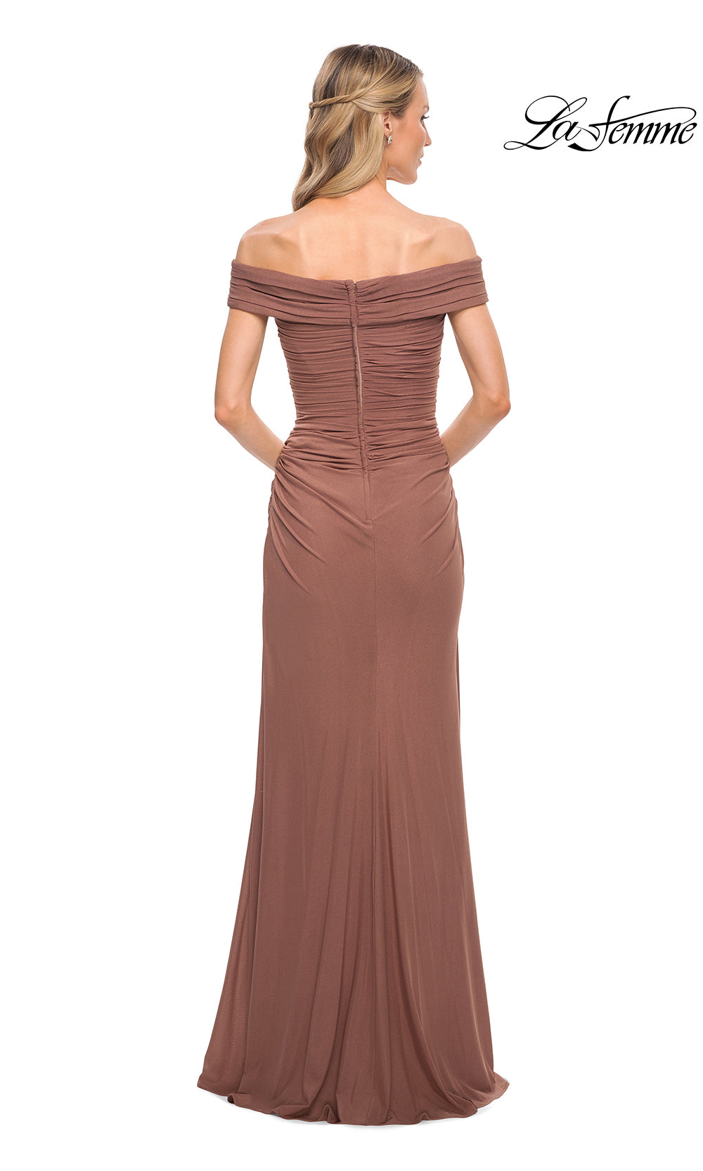 Brown off-shoulder evening gown on a white background with 'La Femme' branding.
