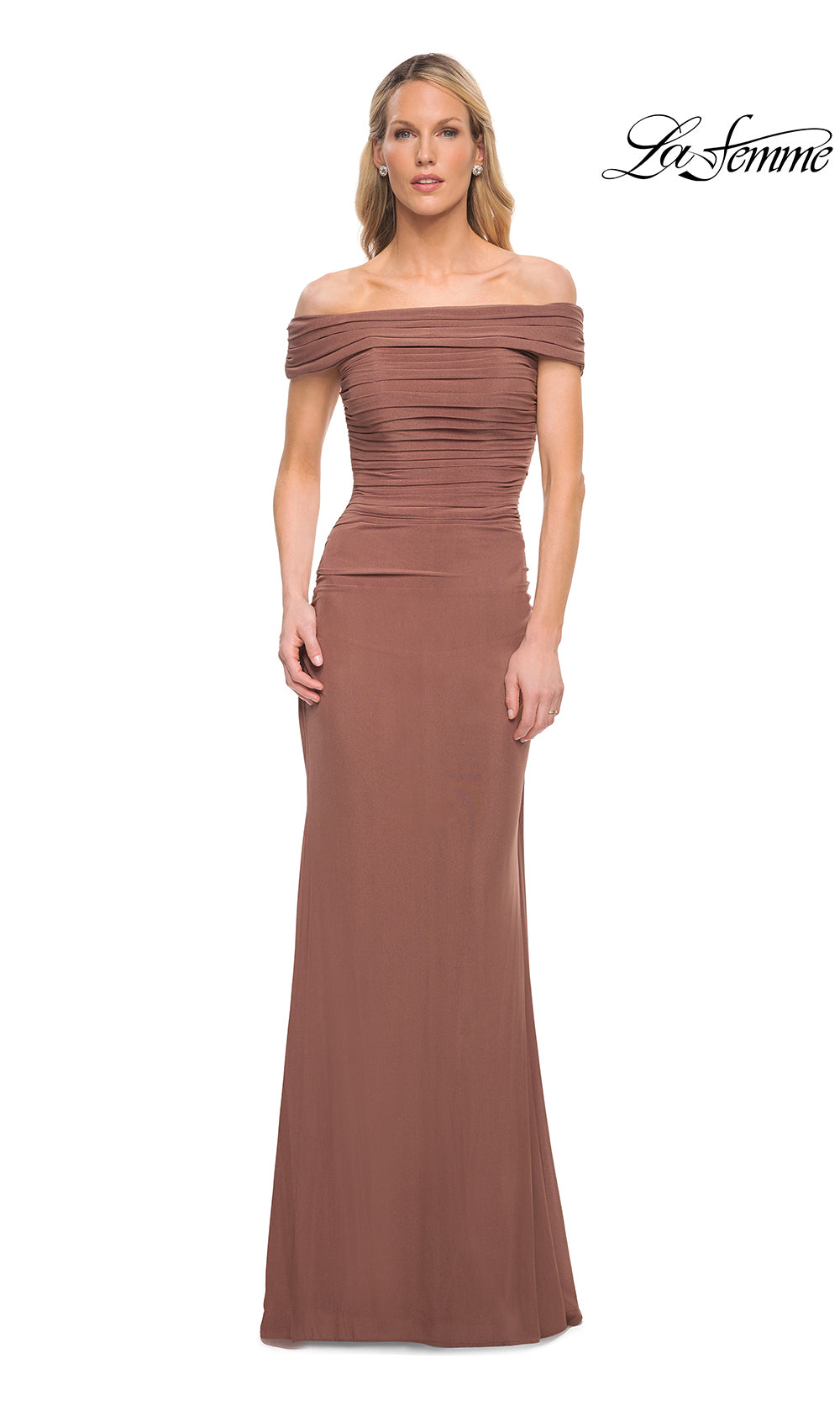 Woman wearing a brown off-shoulder gown on a white background with 'La Femme' branding.