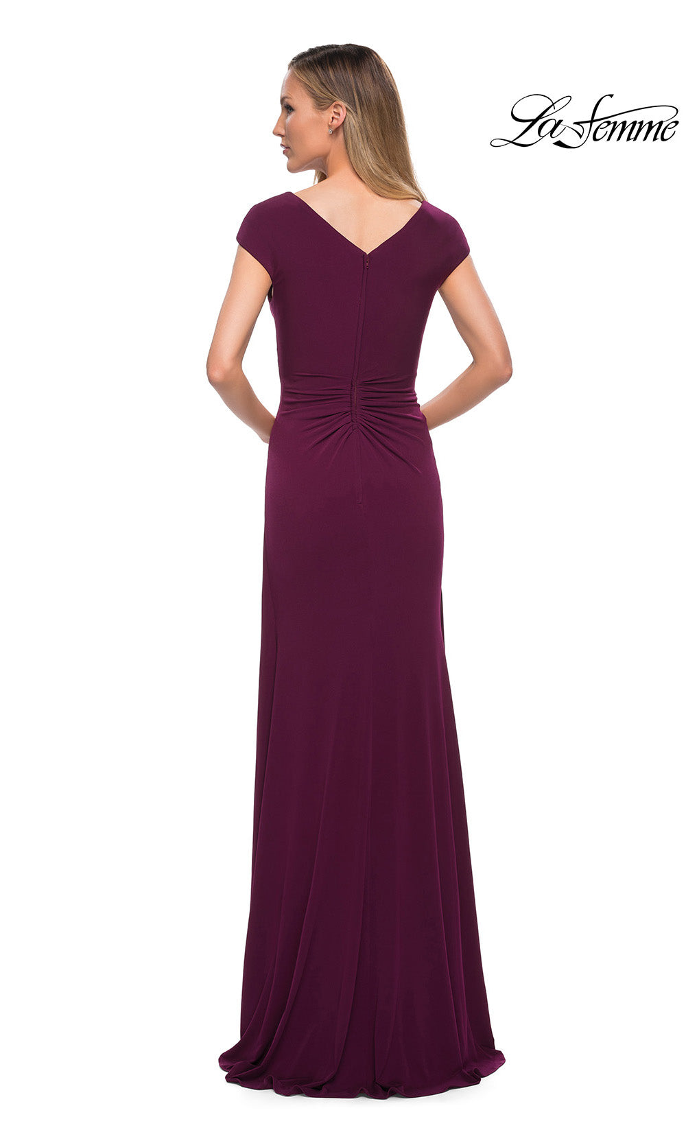 Elegant purple evening gown with a V-neckline on a white background, featuring the brand 'La Femme'.