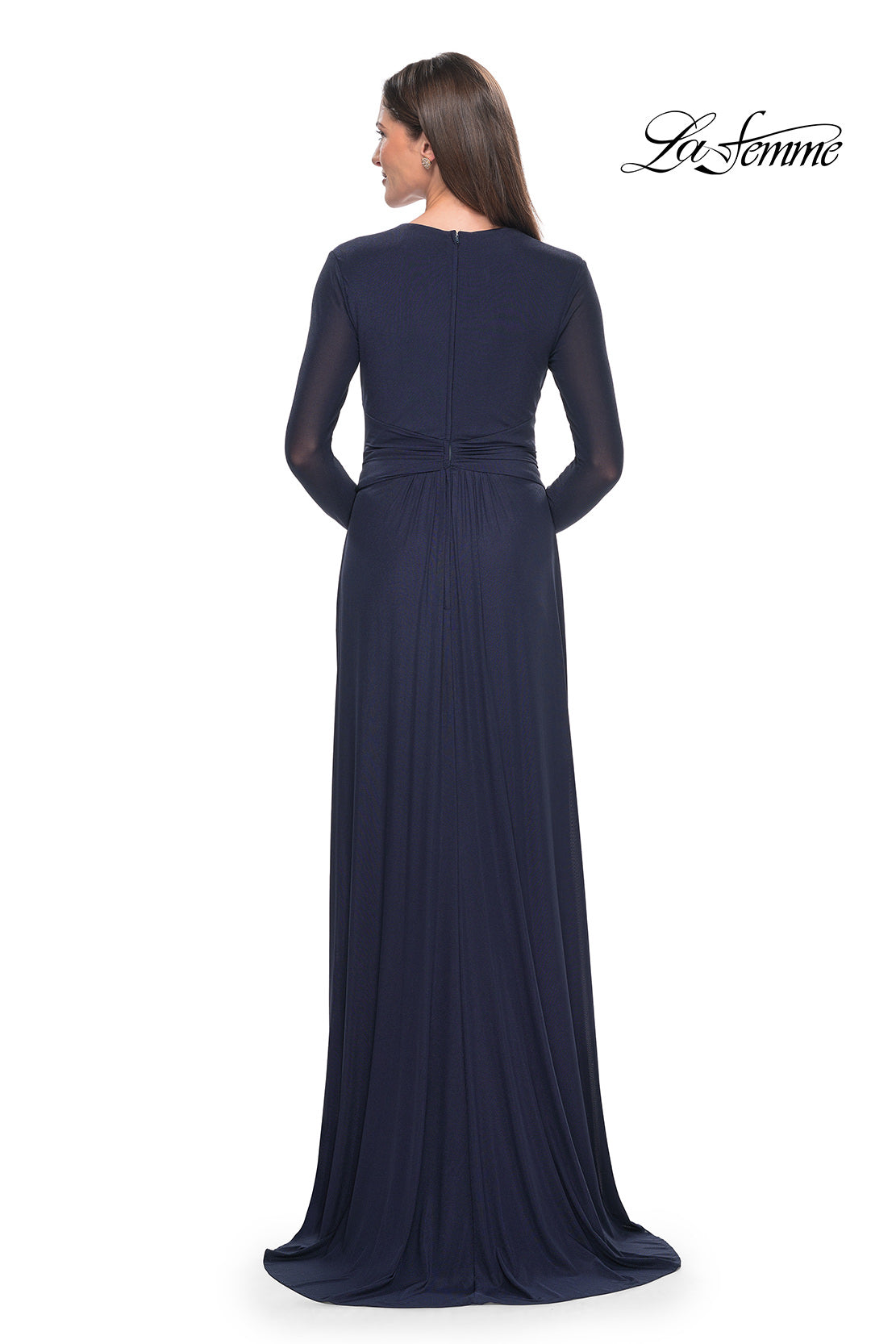 Navy blue evening gown with long sleeves on a white background