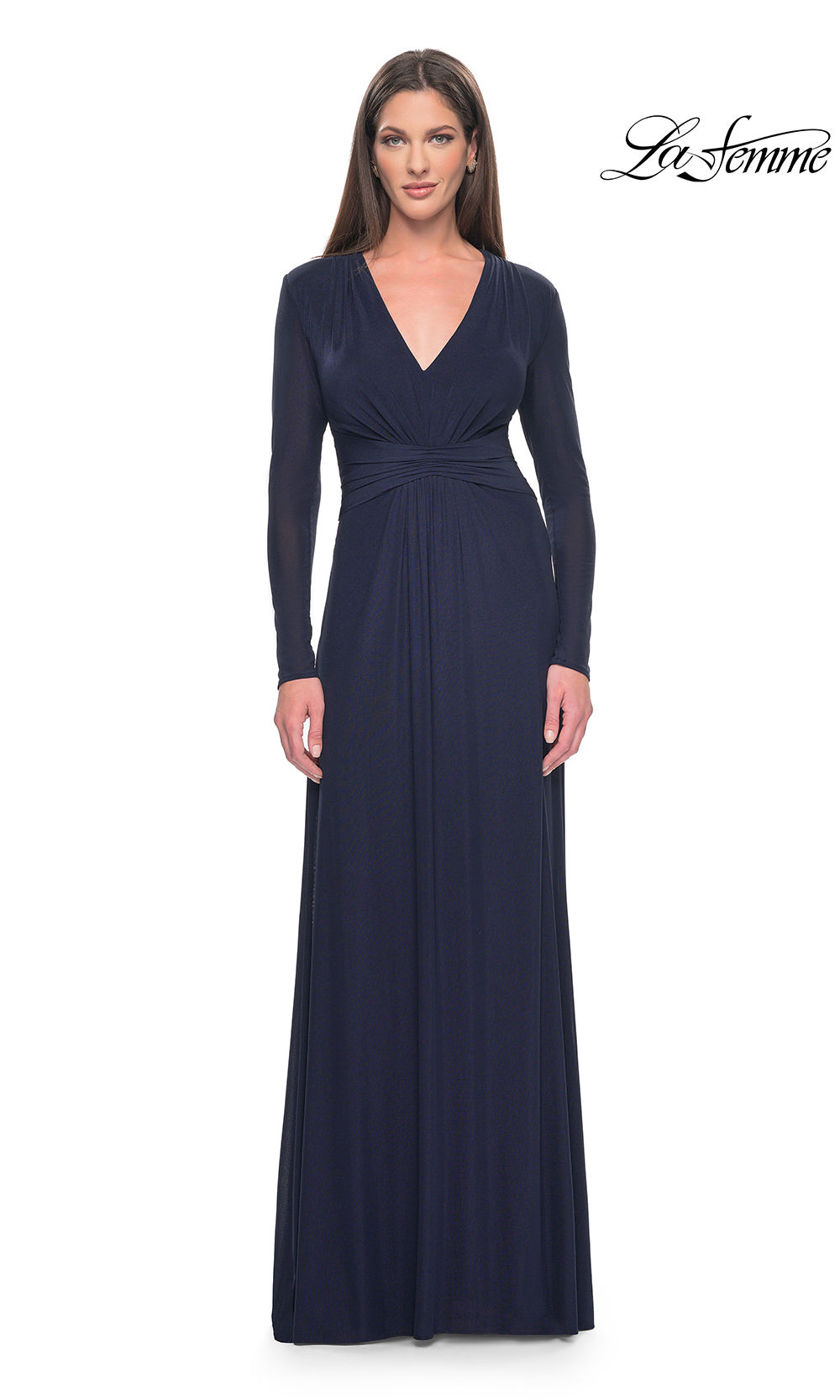 Woman wearing a navy blue evening gown on a white background with 'La Femme' branding.