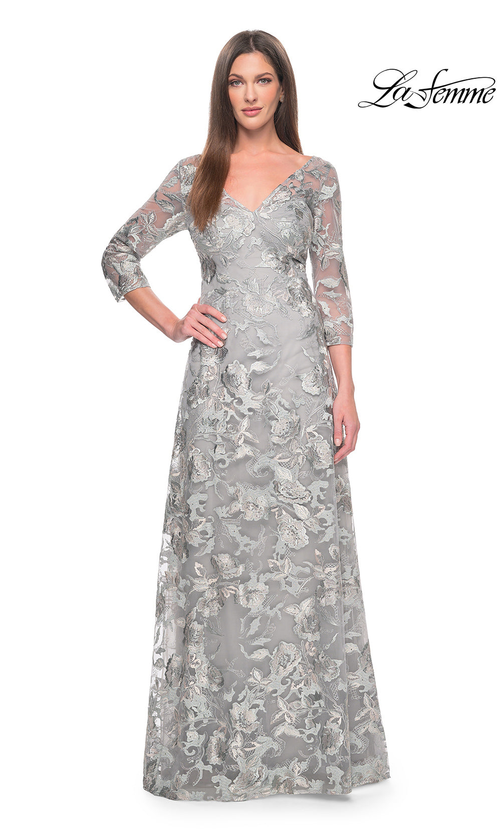 Silver lace evening gown on a white background