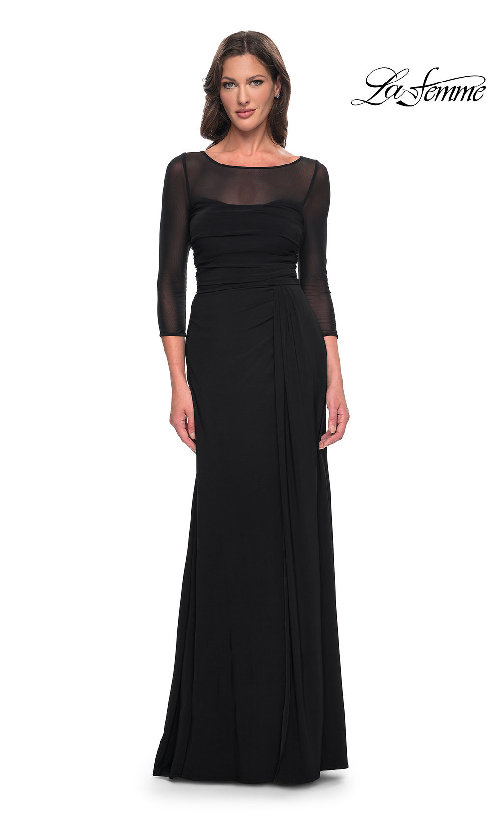 Black evening gown with sheer sleeves on a white background