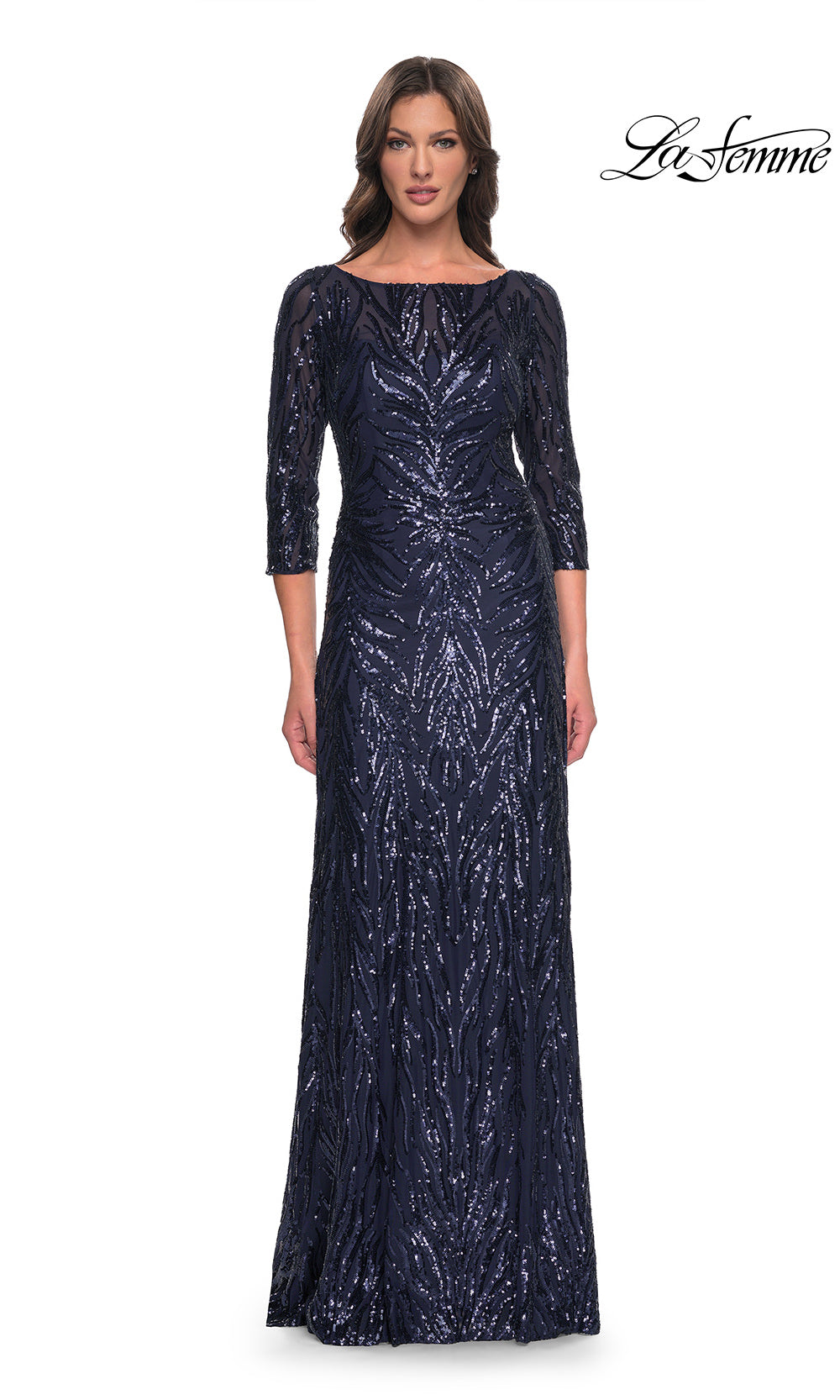 Navy sequin evening gown on a white background with 'La Femme' branding.