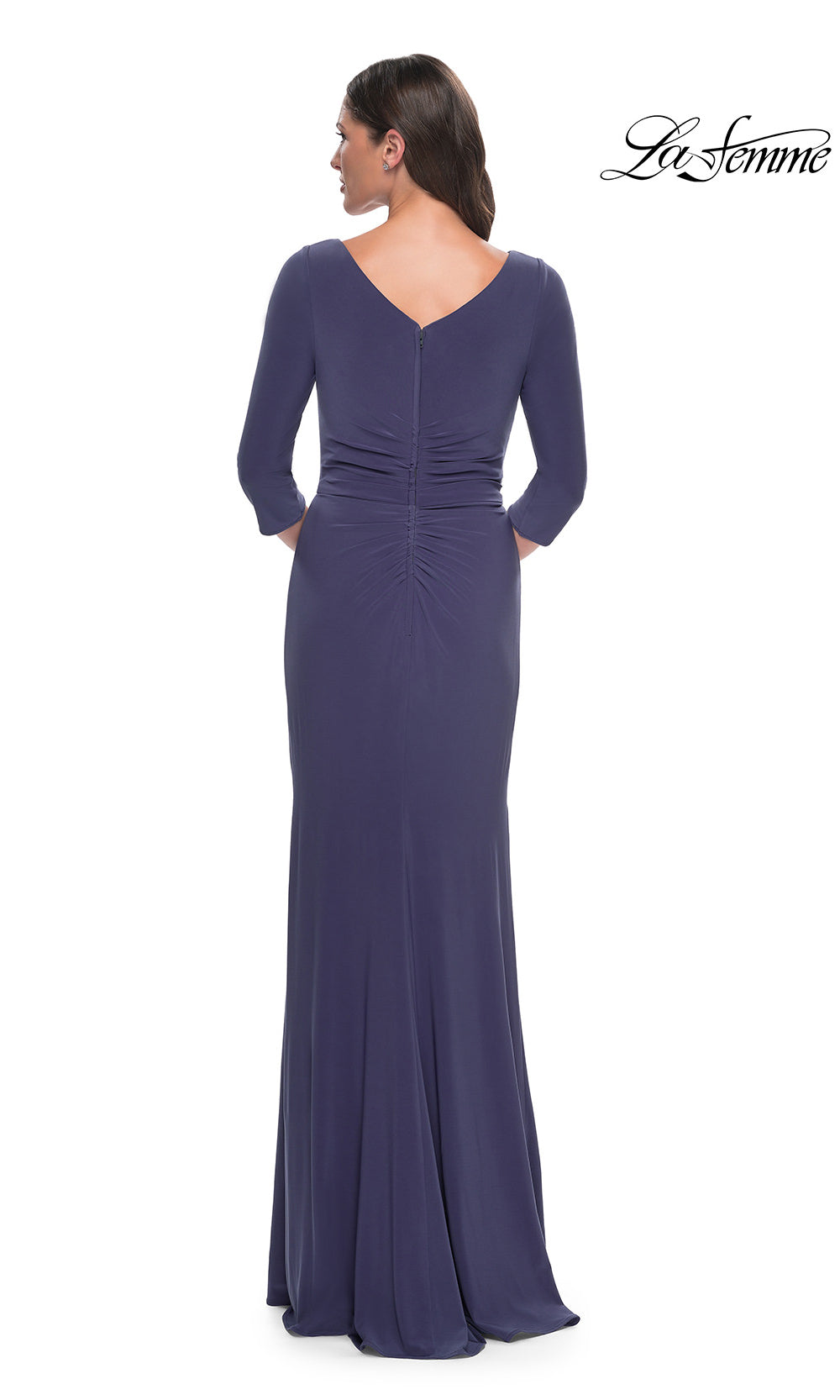 Long purple evening gown with a V-neckline on a white background, branded 'La Femme'.