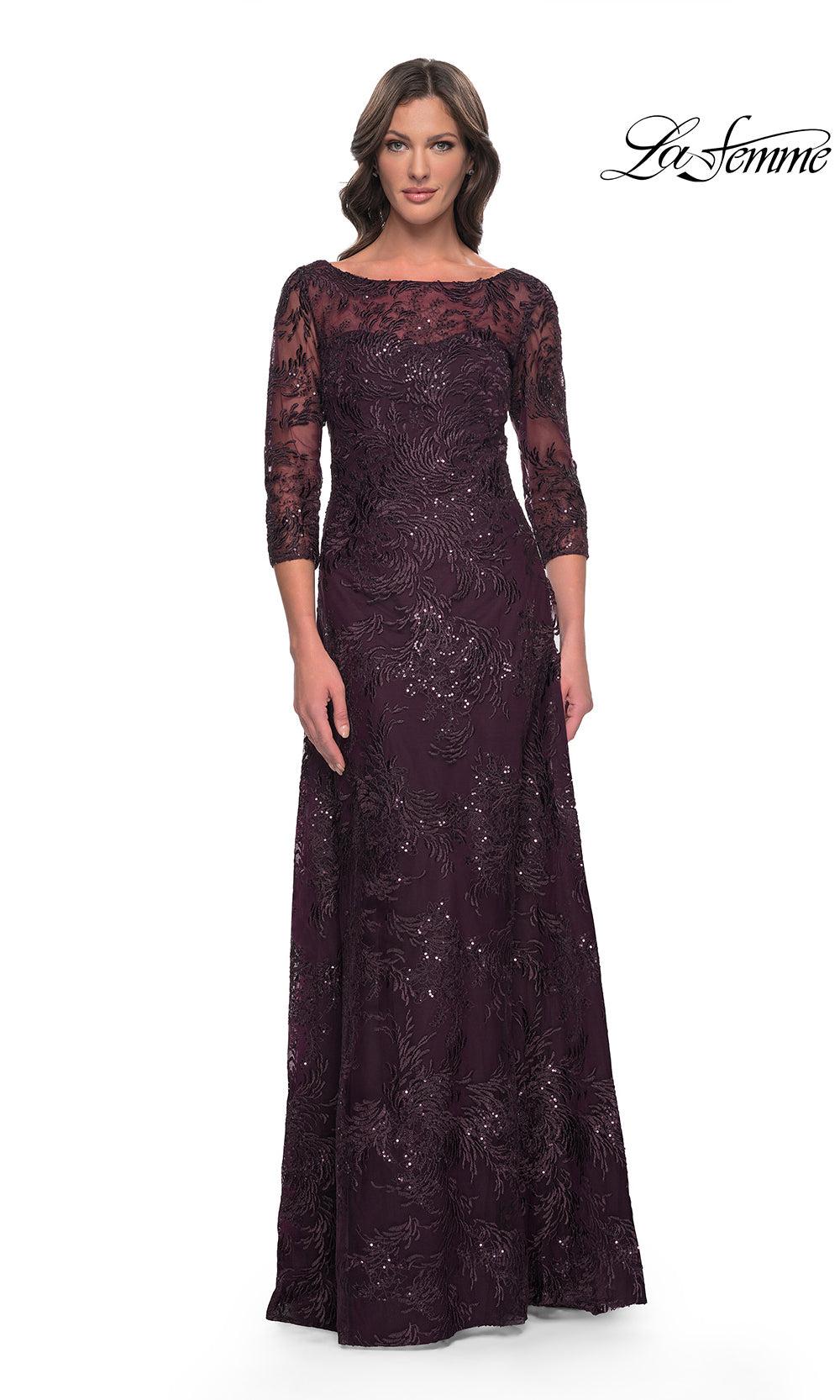 Woman wearing a dark purple lace evening gown on a white background with 'La Femme' branding.