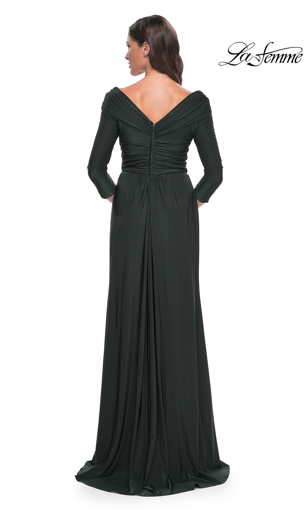 Black evening gown with long sleeves on a white background