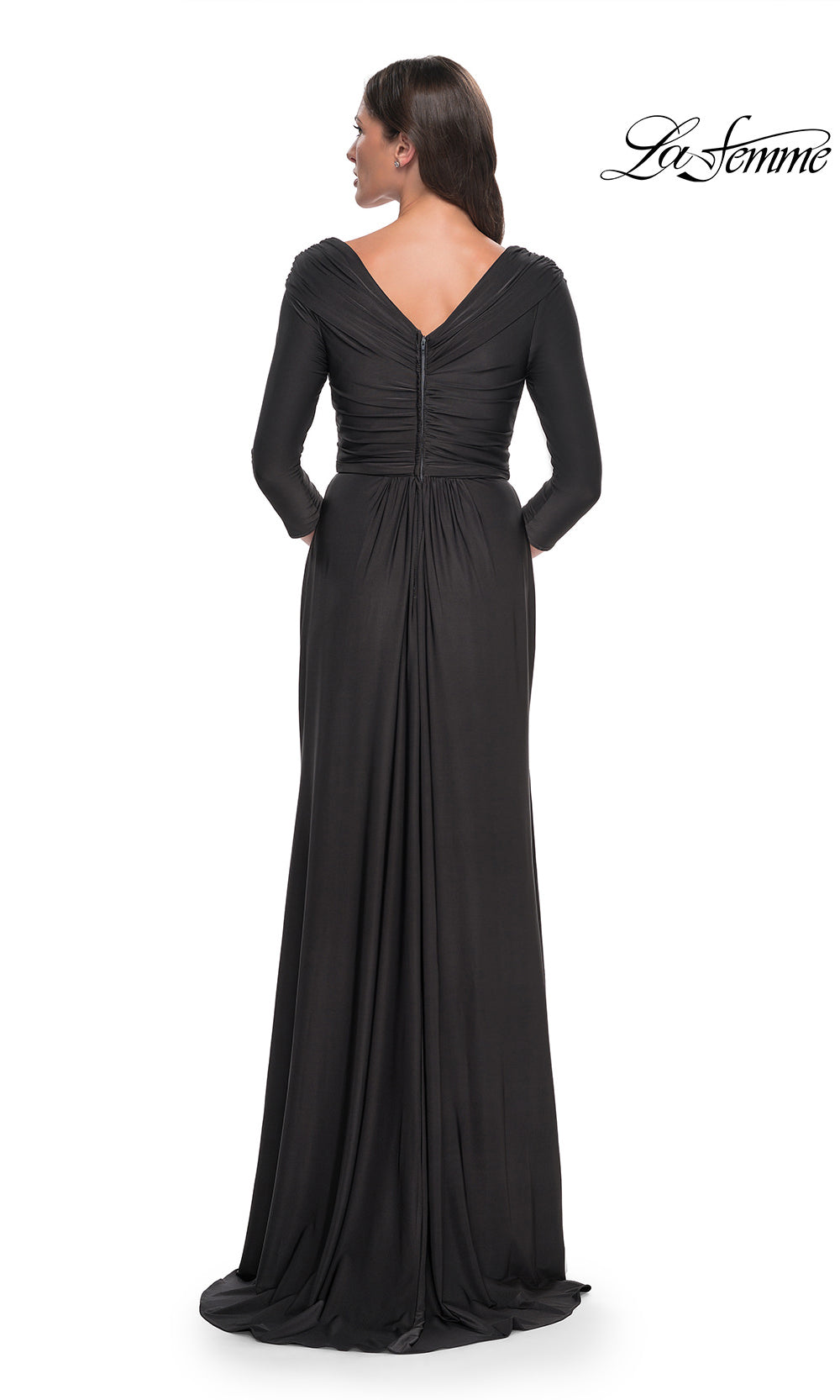 Black evening gown with long sleeves on a white background, brand 'La Femme' visible.