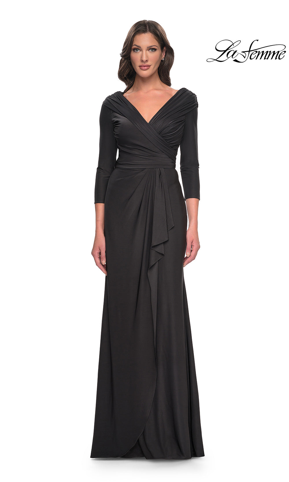 Black evening gown with a draped design on a white background, featuring the brand 'La Femme'.