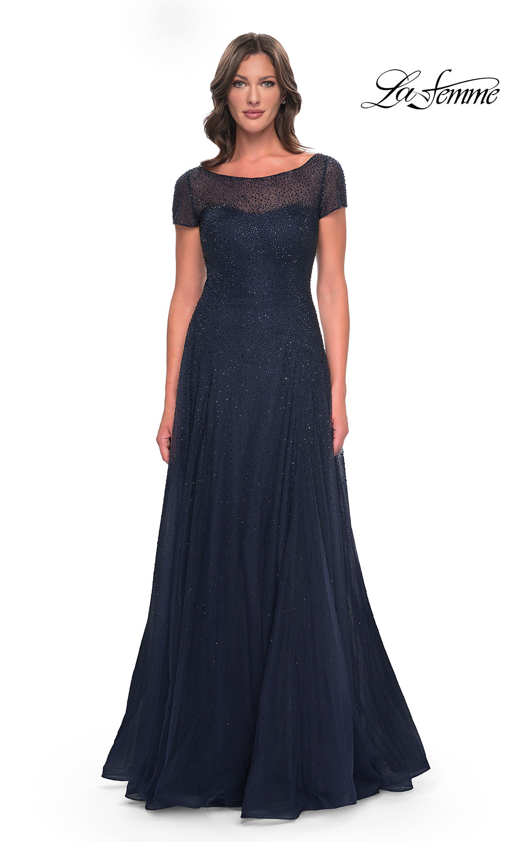 Navy blue evening gown with lace cap sleeves on a white background