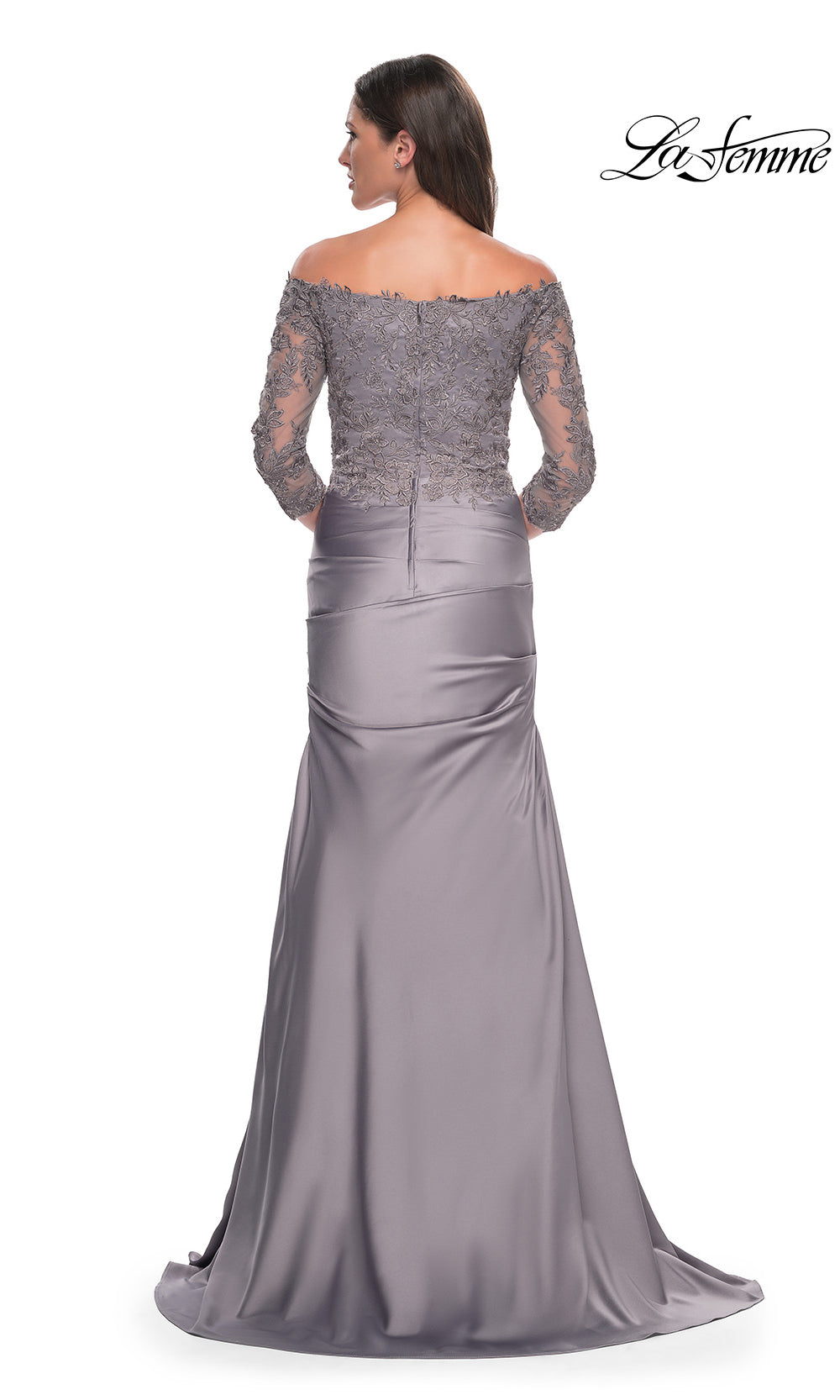 Long silver evening gown with lace top on a white background