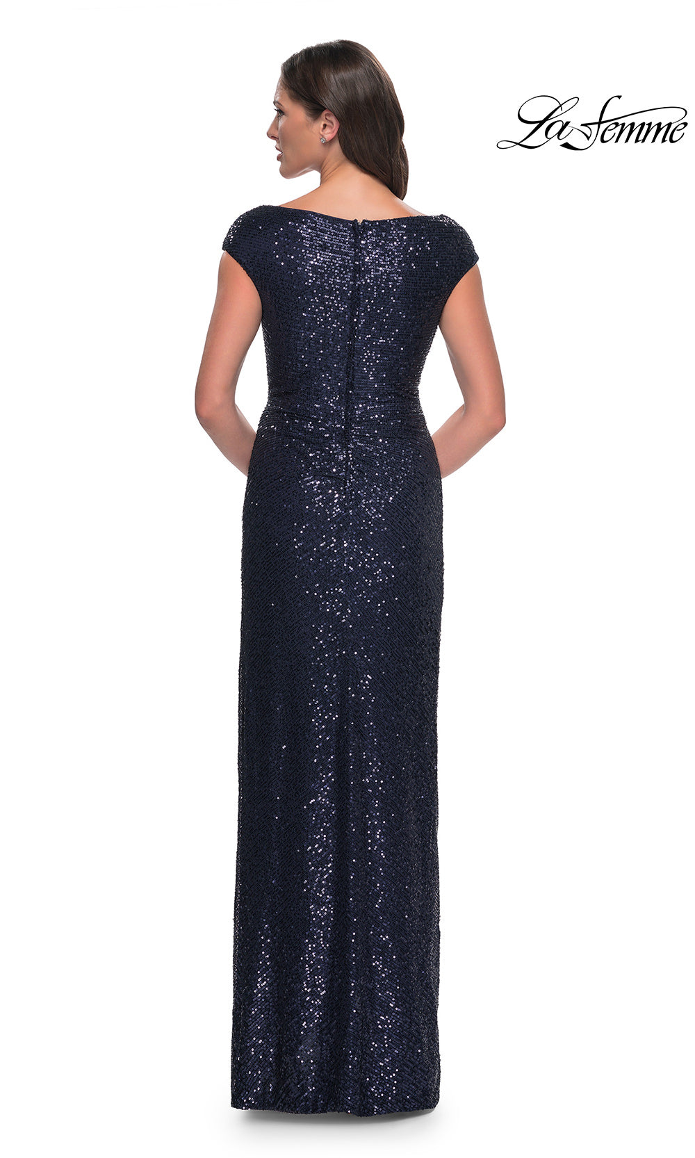 Navy sequin evening gown on a white background with 'La Femme' branding.