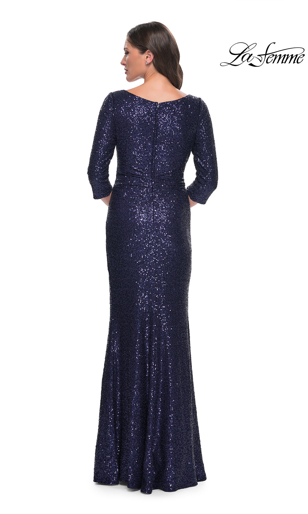 Navy sequin evening gown on a white background with 'La Femme' branding.