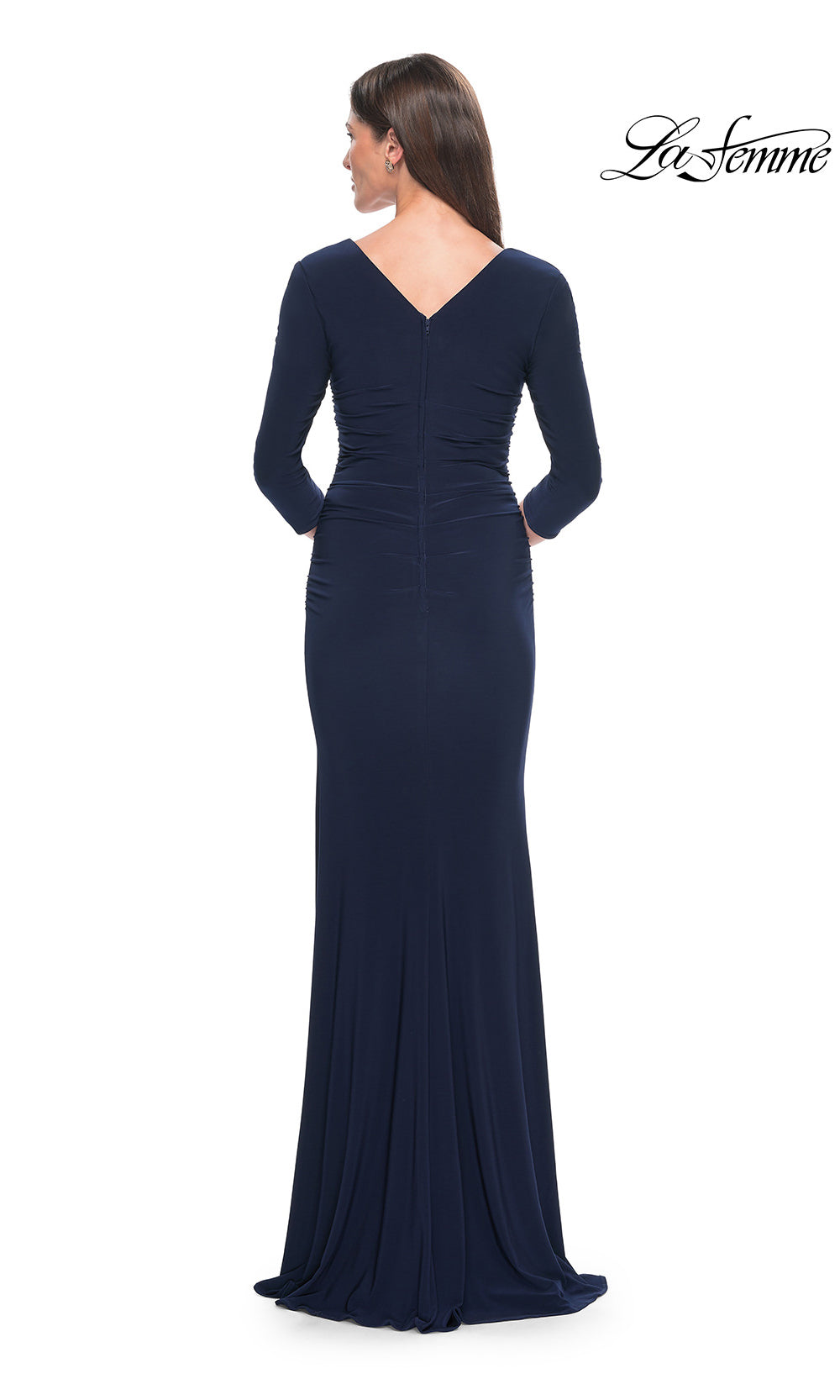 Navy blue evening gown with long sleeves on a white background