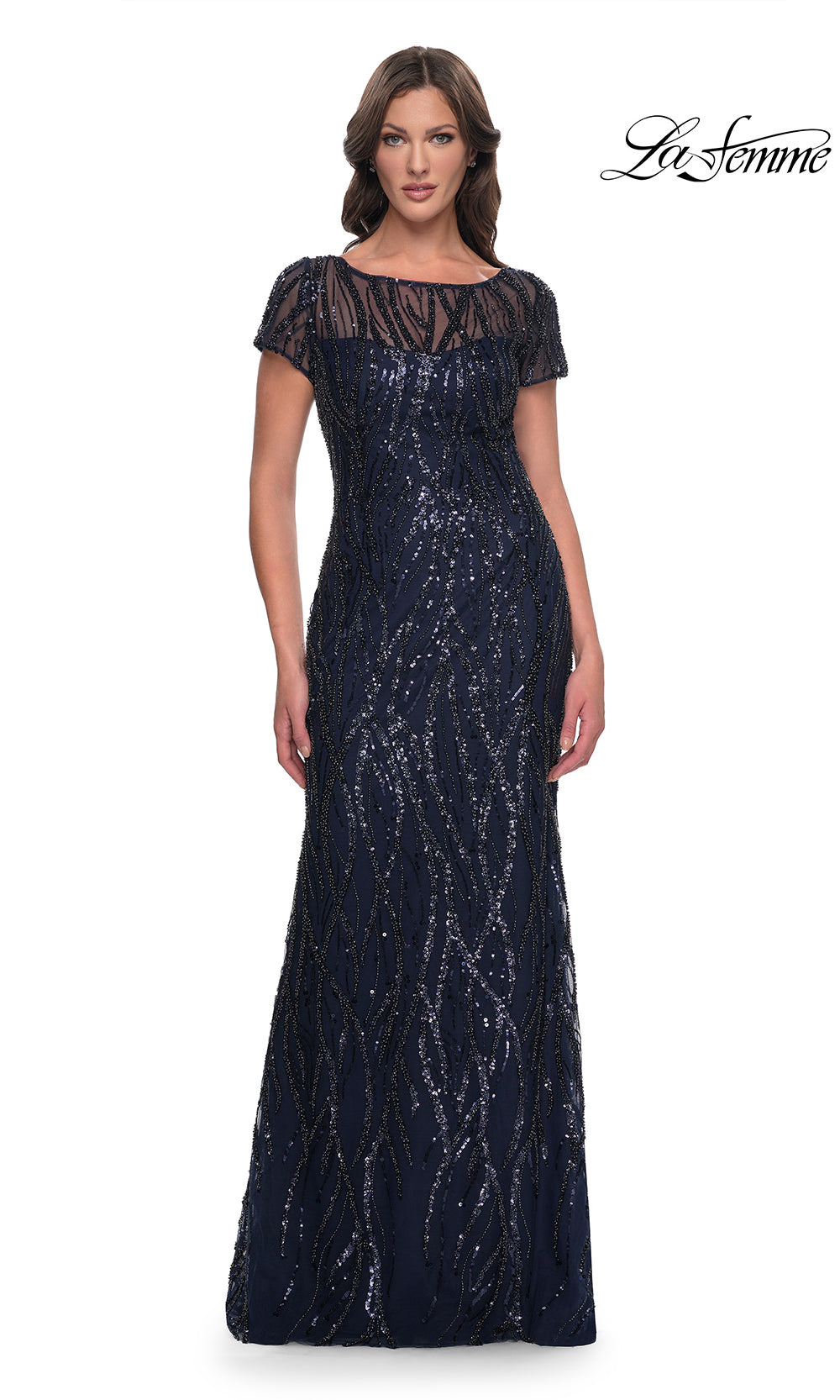Navy blue sequin evening gown on a white background with 'La Femme' branding.