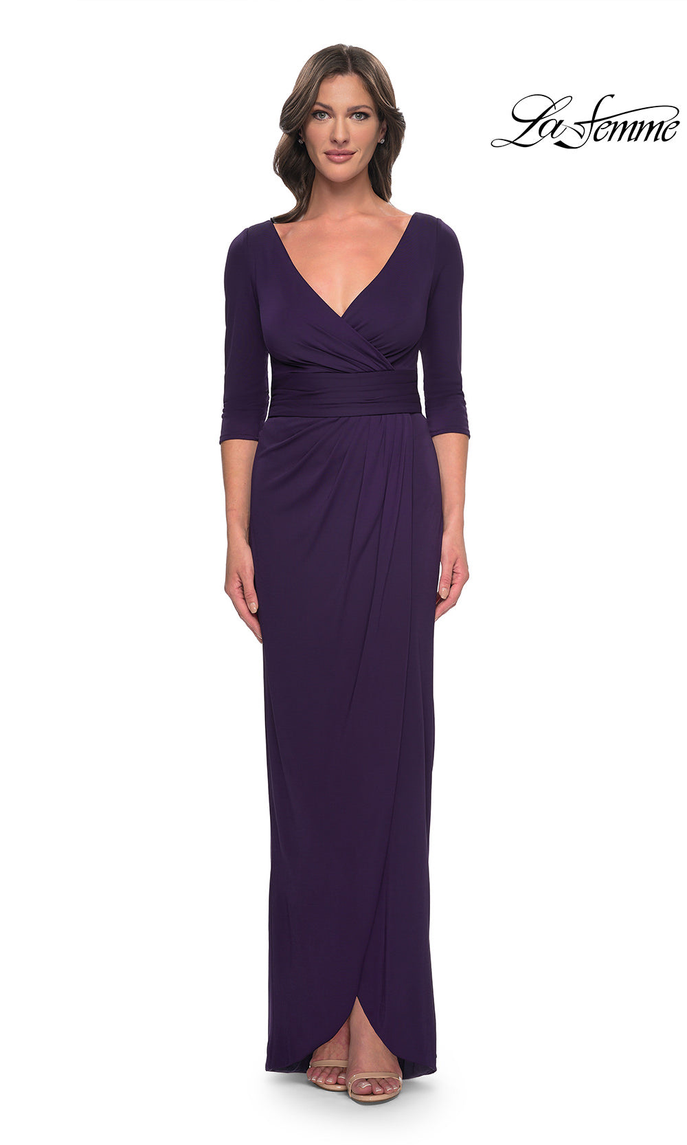 Woman wearing a purple evening gown on a white background with 'La Femme' branding.