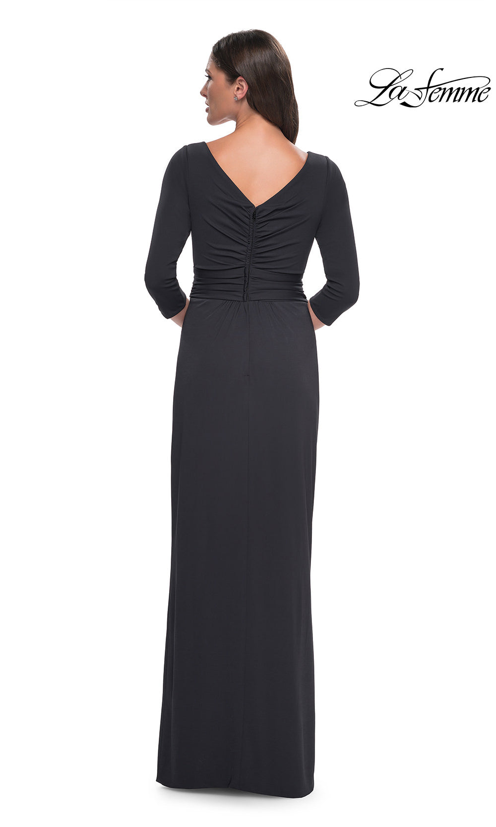 Black evening gown with long sleeves on a white background