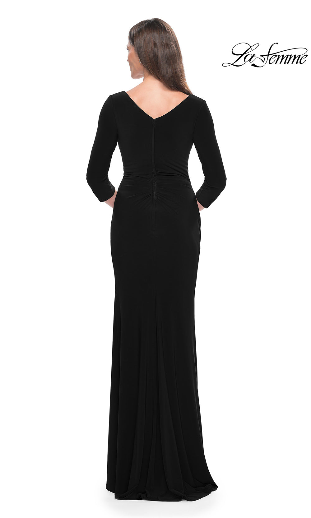 Black evening gown with long sleeves on a white background, brand 'La Femme' visible.
