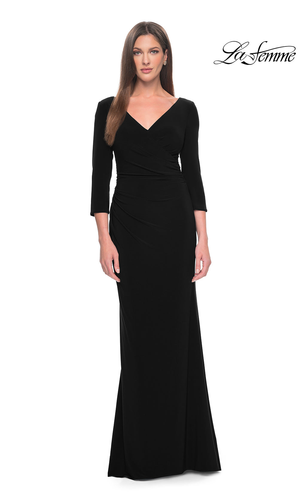 Woman wearing a black evening gown with a V-neckline on a white background, branded 'La Femme'.