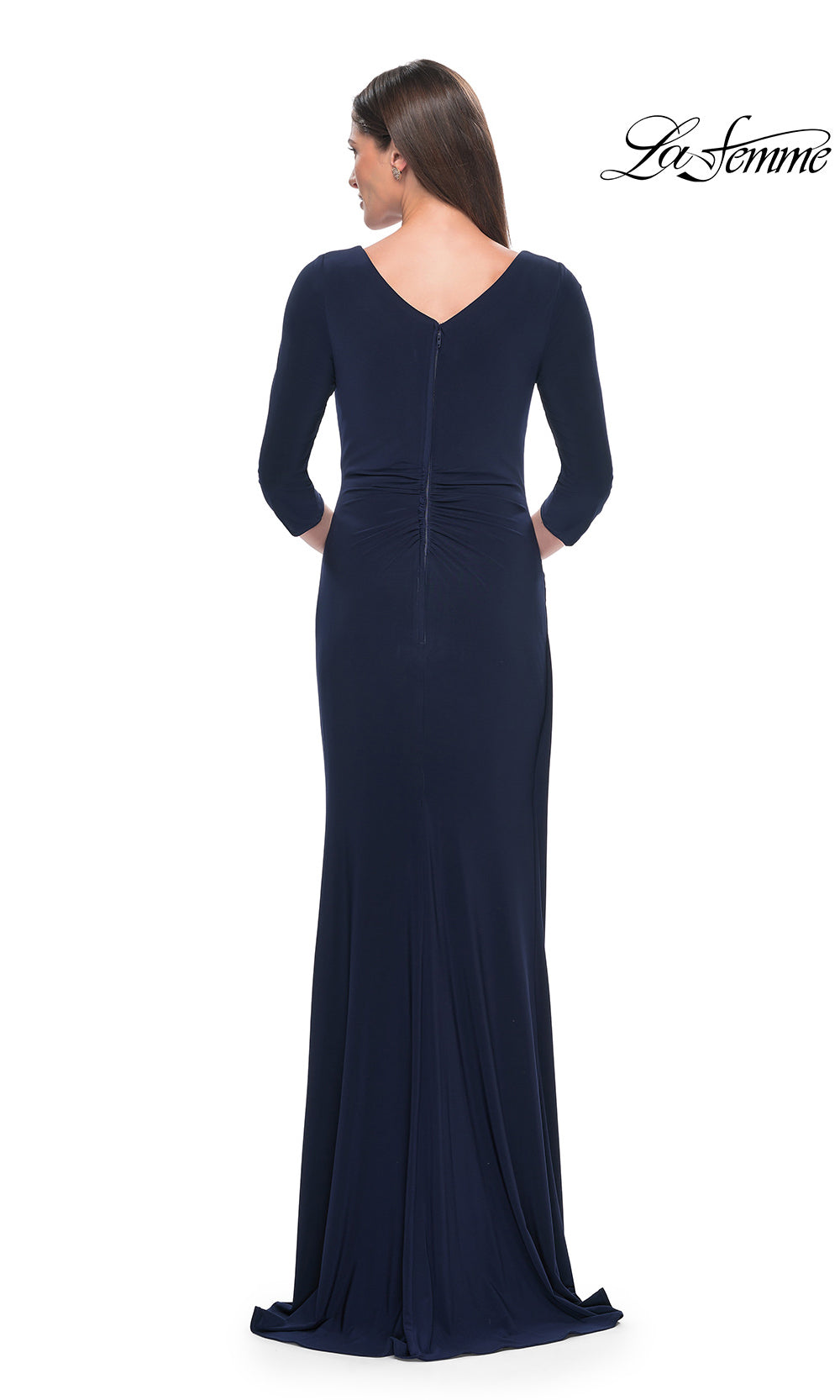 Navy blue evening gown with long sleeves on a white background