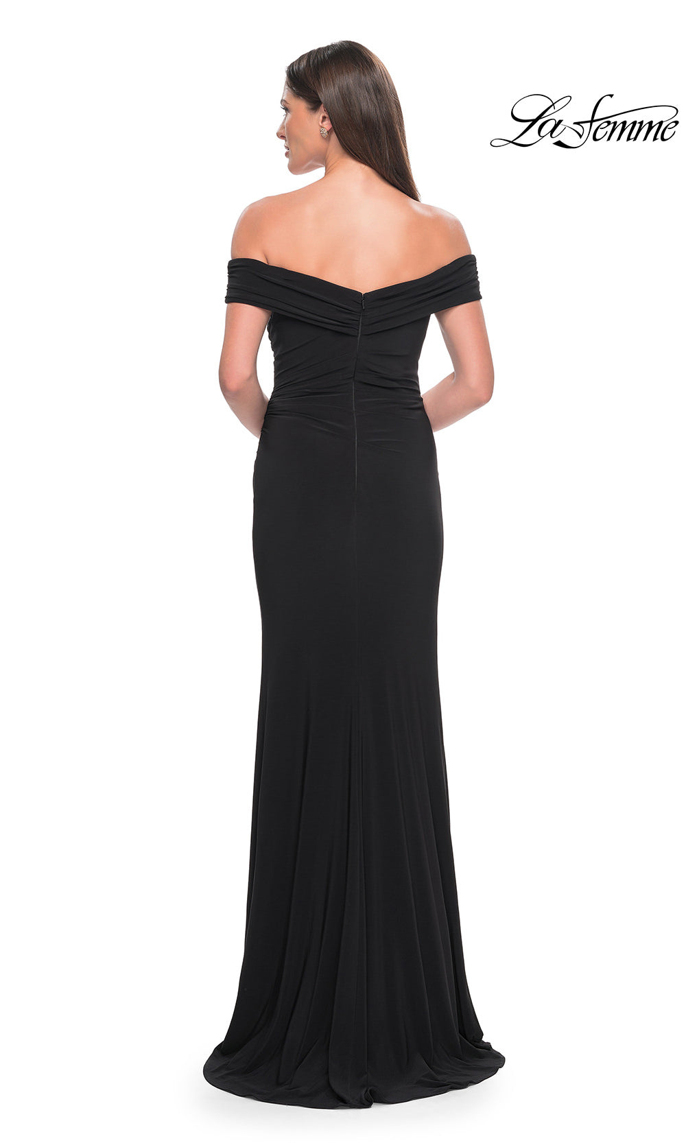 Black off-shoulder evening gown on a white background