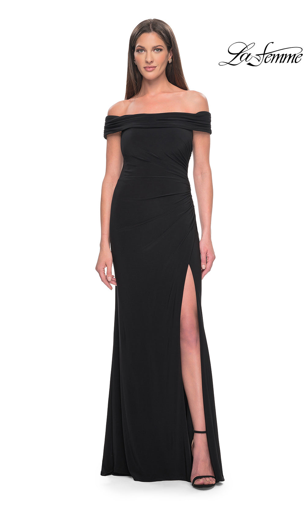Black off-shoulder evening gown with a slit on a white background, featuring the brand 'La Femme'.