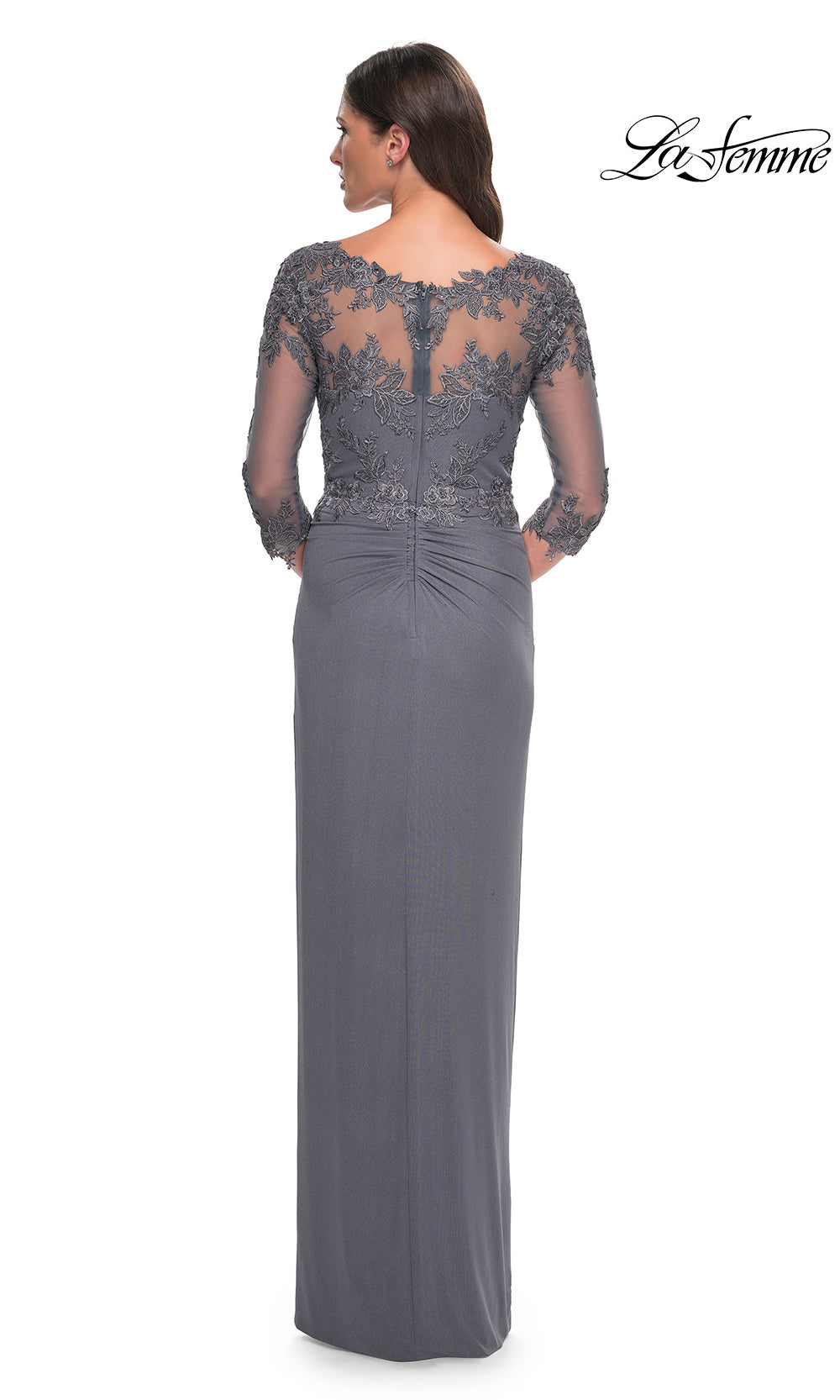 Long gray evening gown with lace detailing on a white background