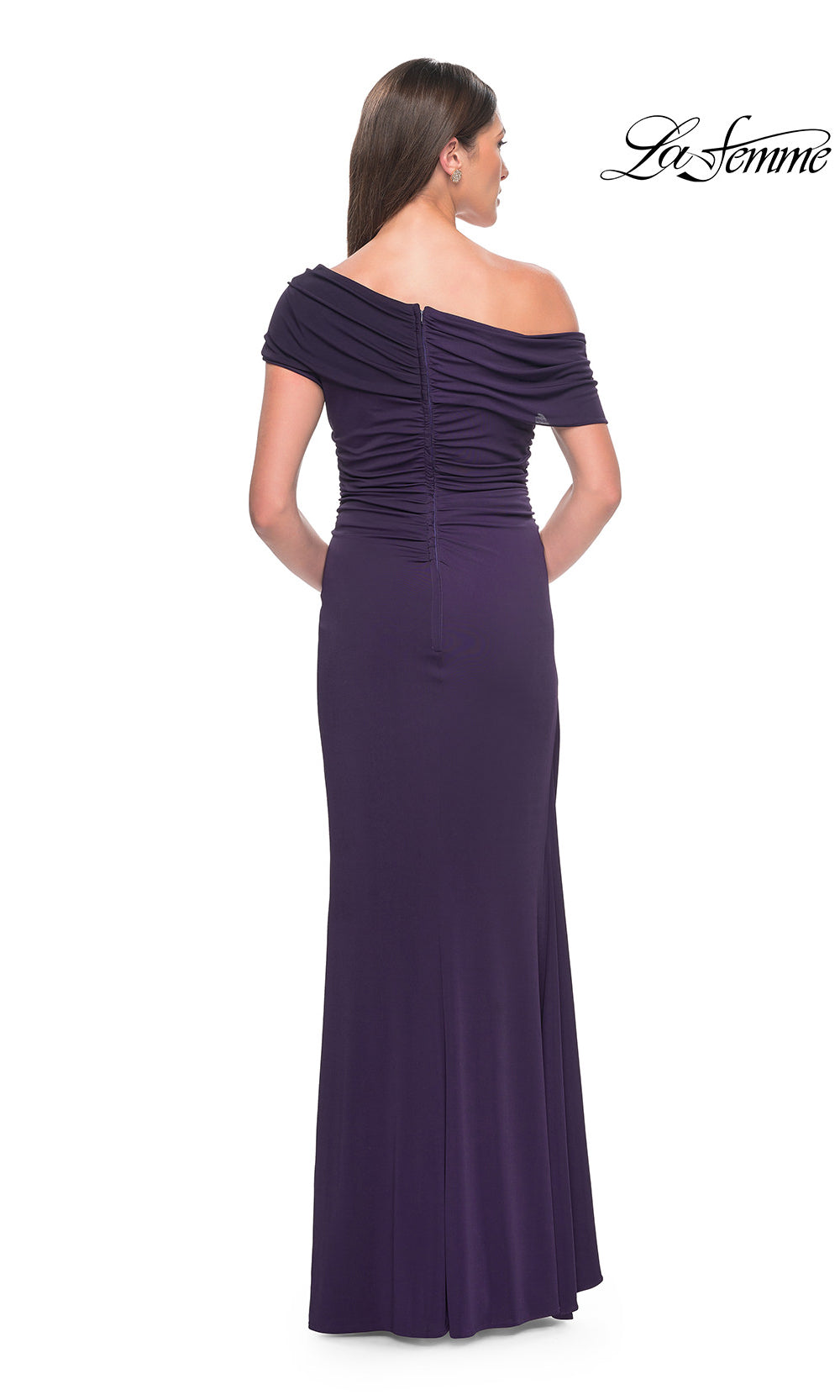 Elegant purple evening gown with one-shoulder design on a white background