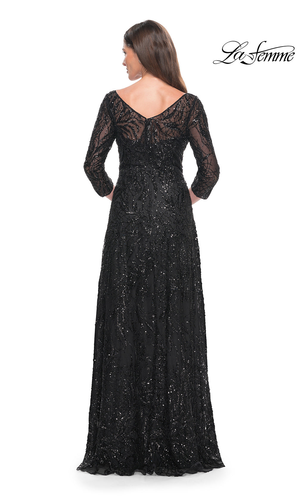 Black sequin evening gown with long sleeves on a white background