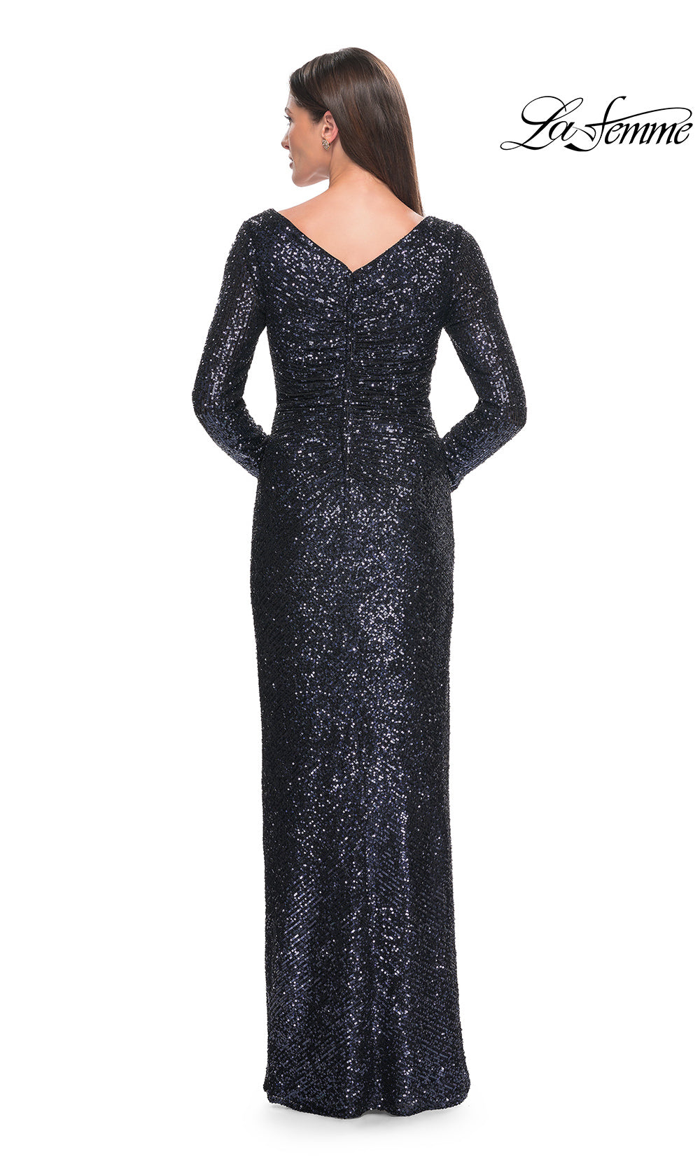 Long black sequin dress on a white background with 'La Femme' branding.