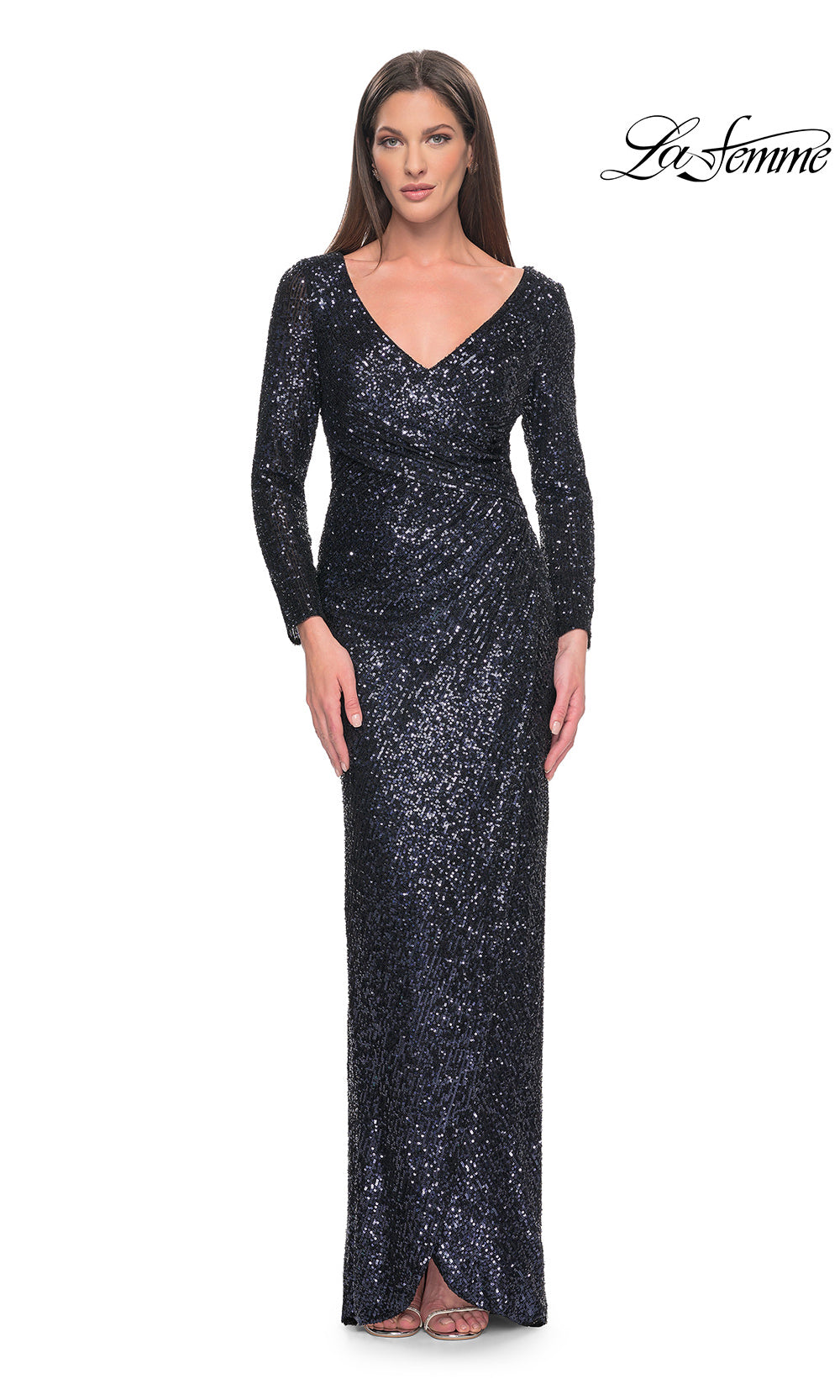 Navy sequin evening gown with long sleeves on a white background