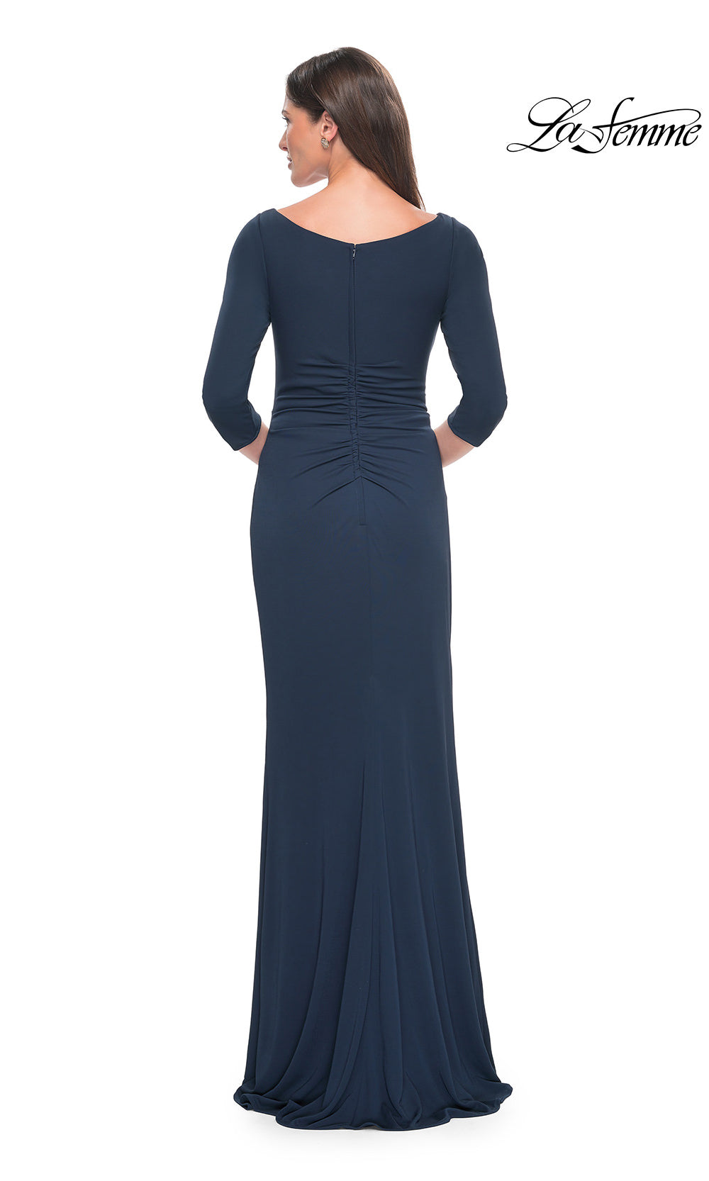 Navy blue evening gown with long sleeves on a white background, brand 'La Femme' visible.