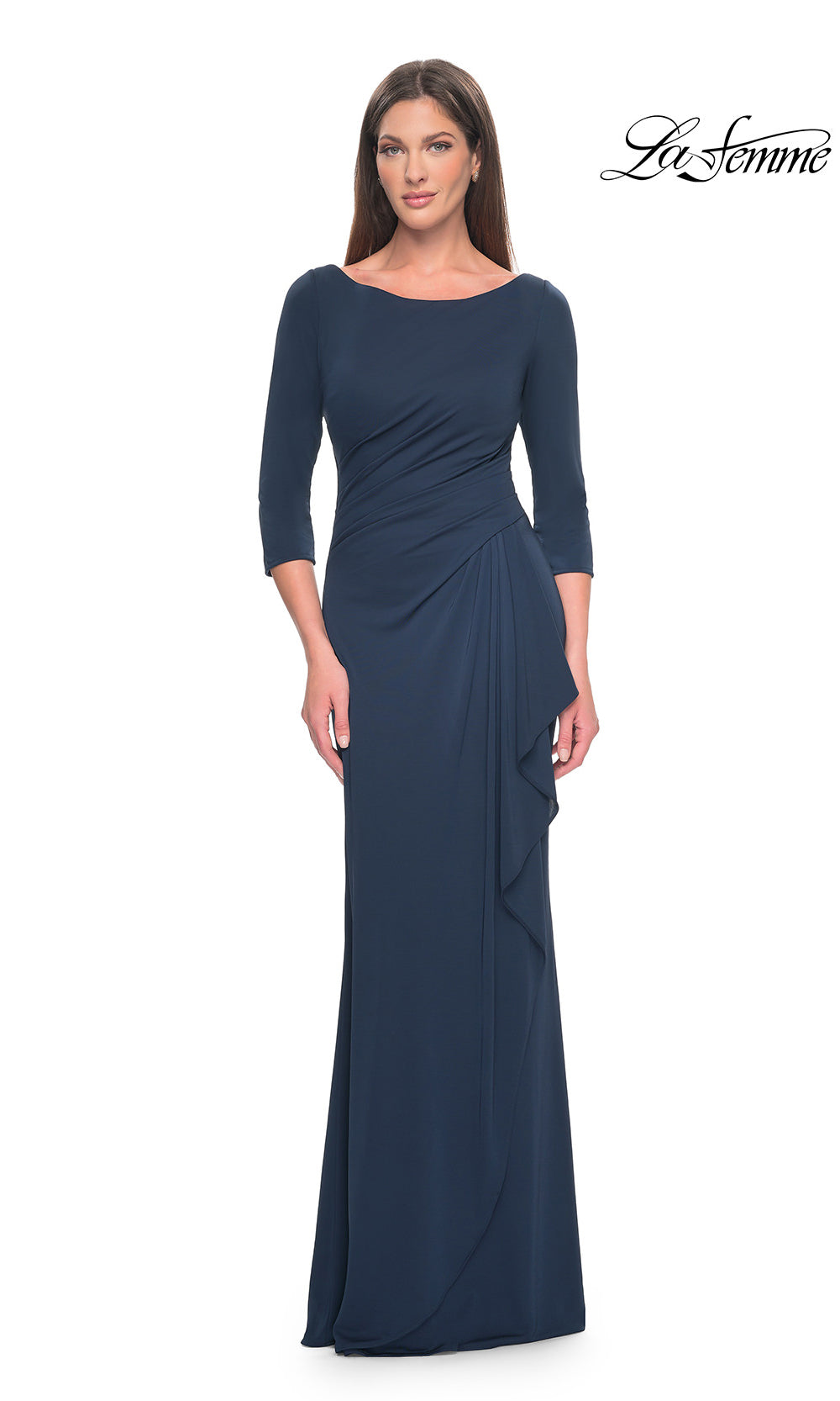Navy blue evening gown with a draped design on a white background, featuring the brand 'La Femme'.