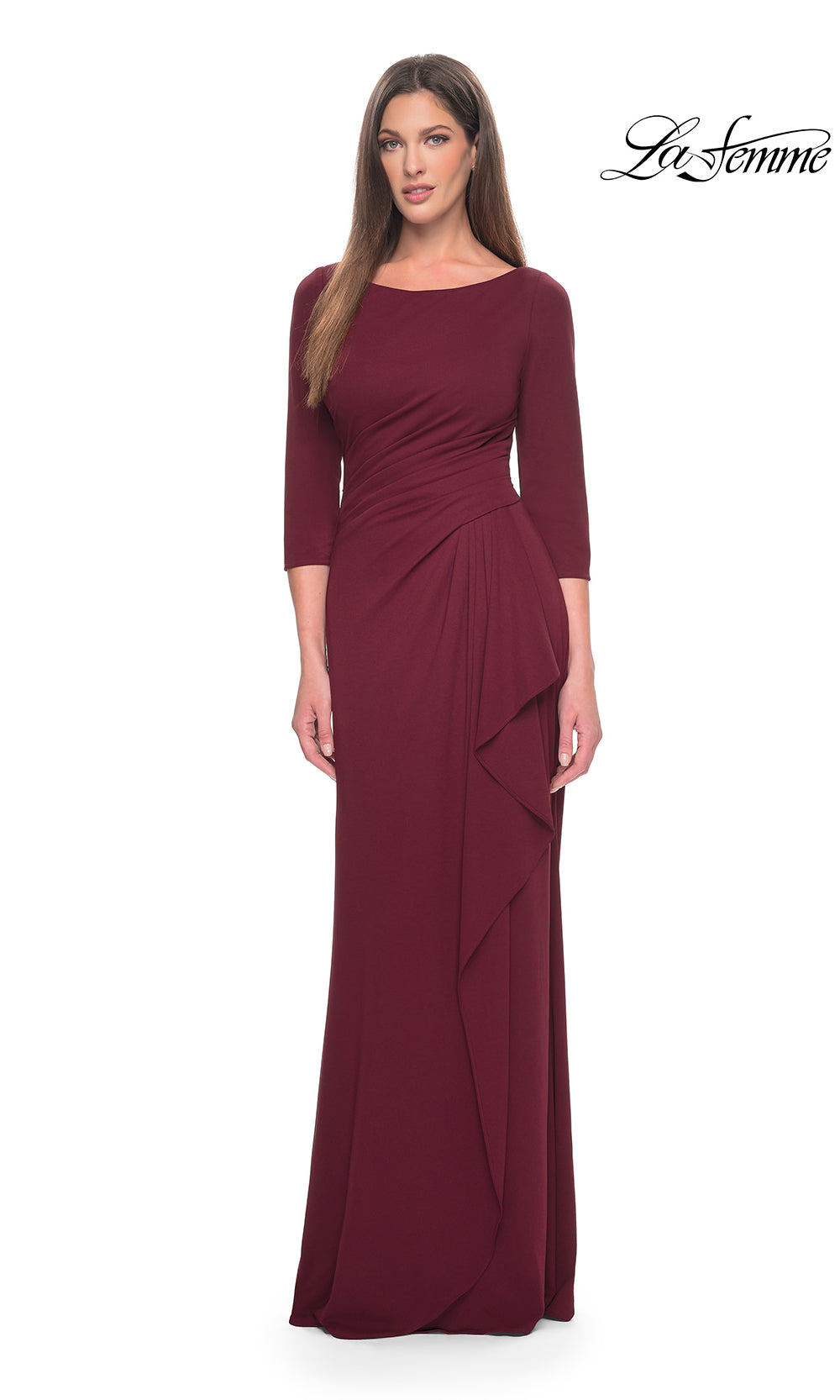 Burgundy evening gown with a draped design on a white background, featuring the brand 'La Femme'.