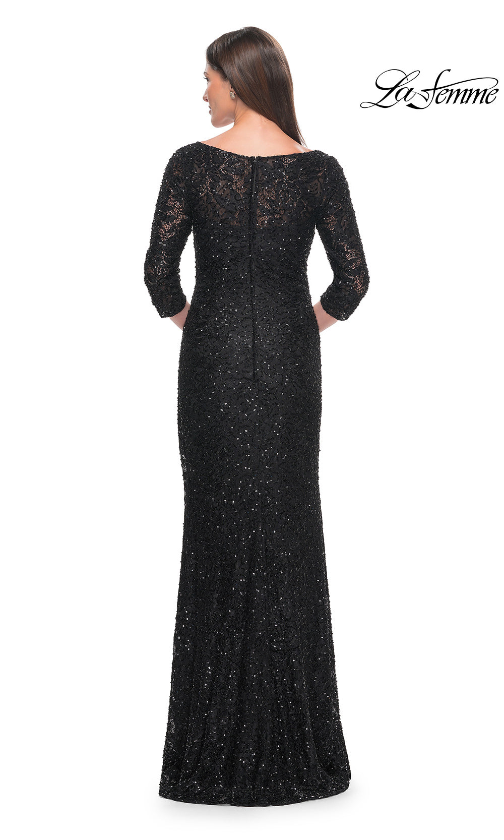 Black sequin evening gown with long sleeves on a white background