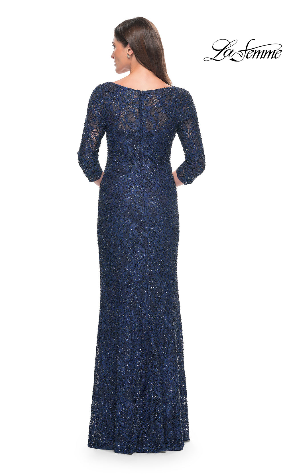 Navy blue sequin evening gown with long sleeves on a white background