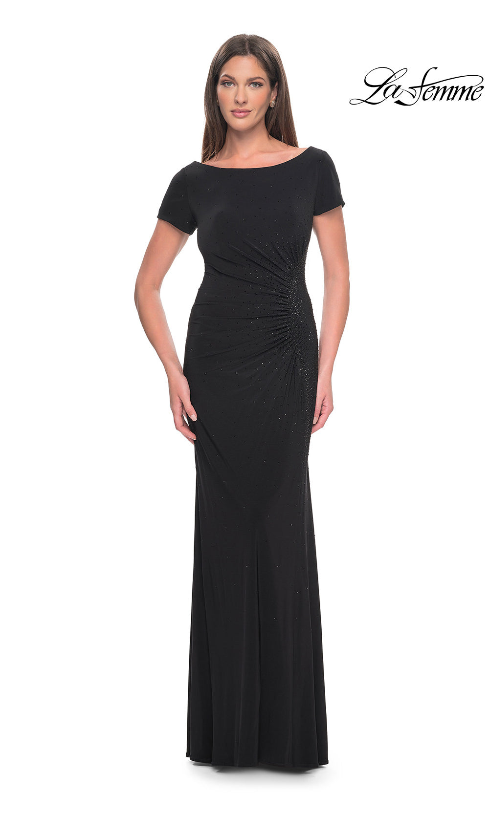 Black evening gown with ruched detail on a white background, brand 'La Femme' visible.