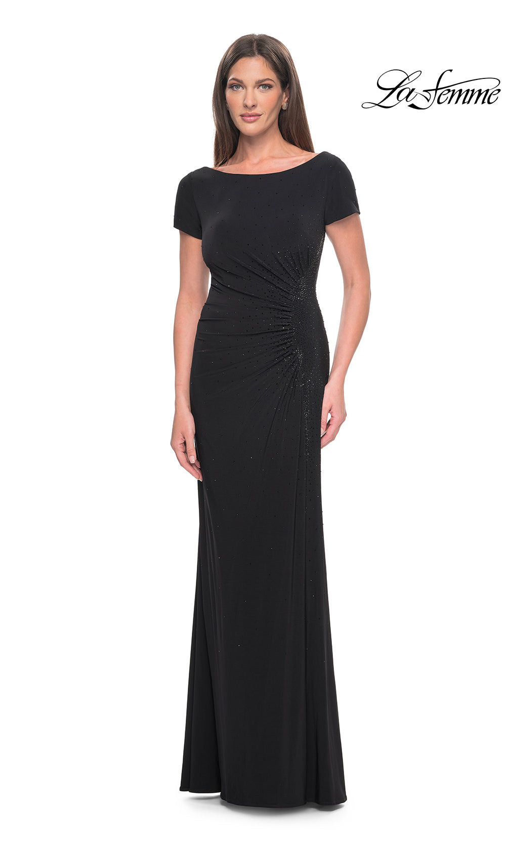 Woman wearing a black evening gown on a white background with 'La Femme' branding.