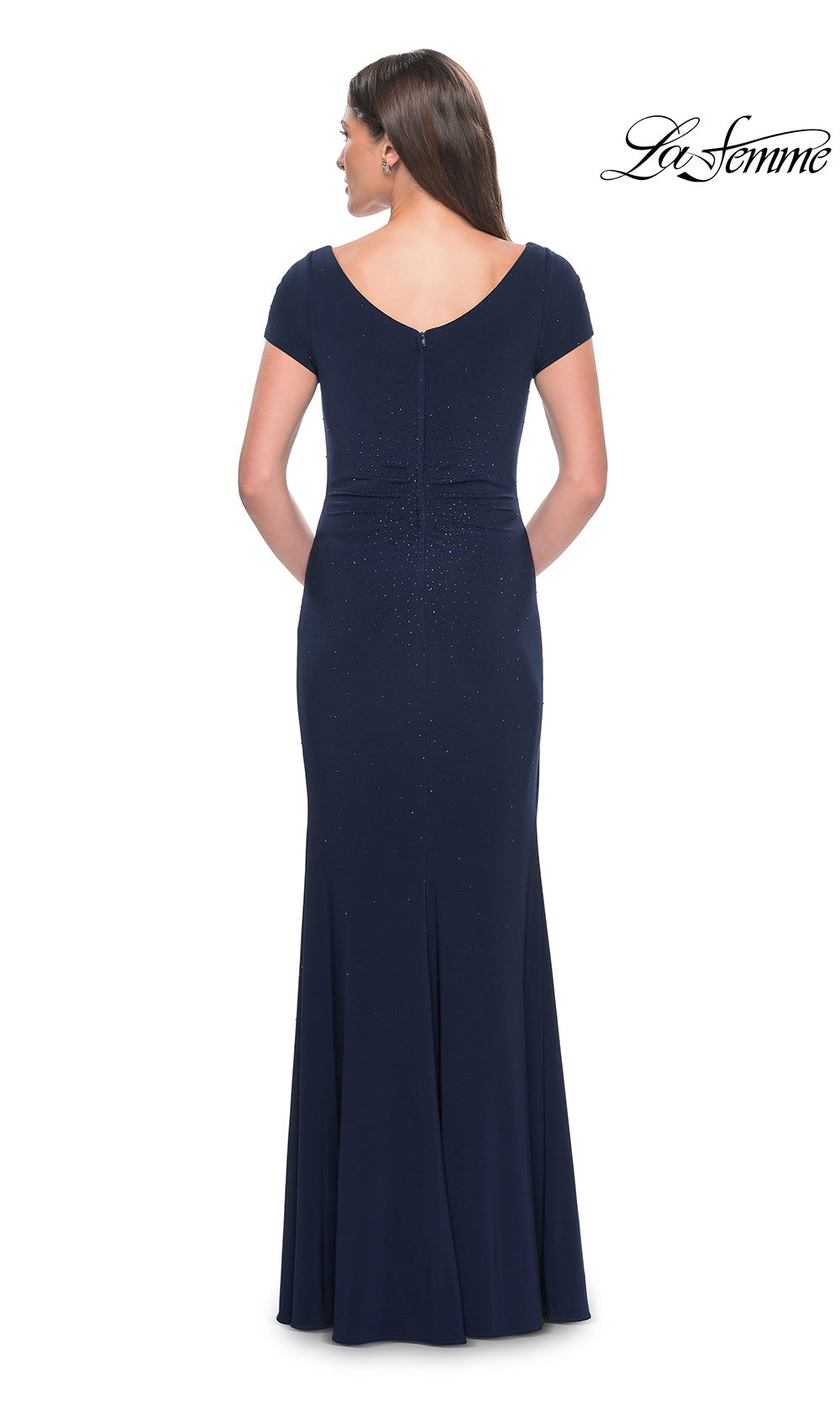 Navy blue evening gown with cap sleeves on a white background