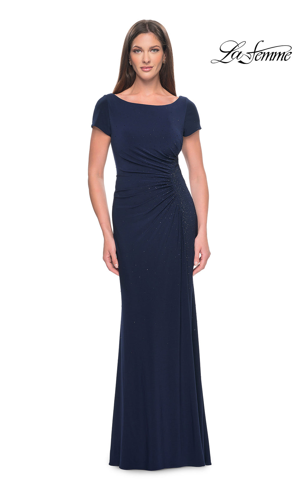Navy blue evening gown on a white background with 'La Femme' branding.