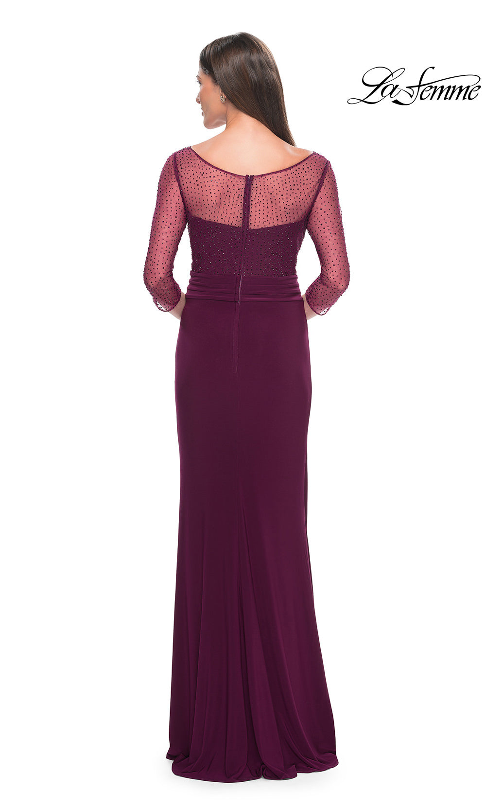 Elegant purple evening gown with sheer neckline on a white background, featuring the brand 'La Femme'.