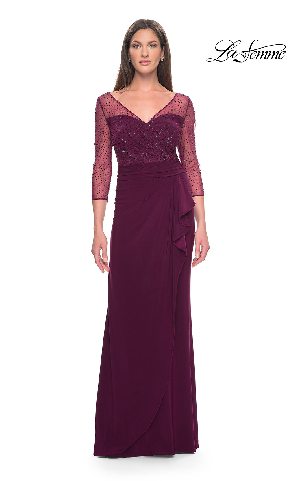 Elegant purple evening gown with a textured bodice on a white background, featuring the brand 'La Femme'.