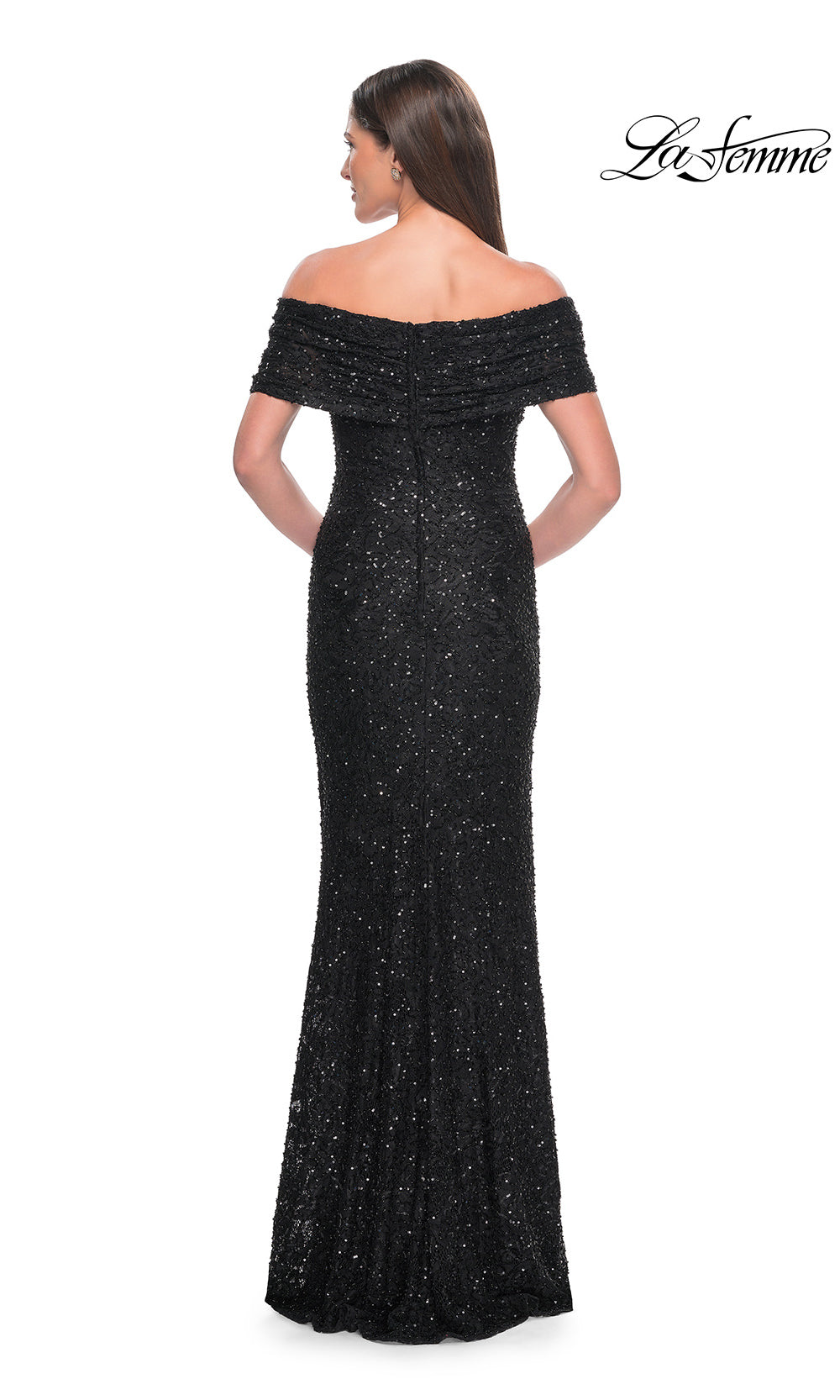 Black sequin off-shoulder evening gown on a white background