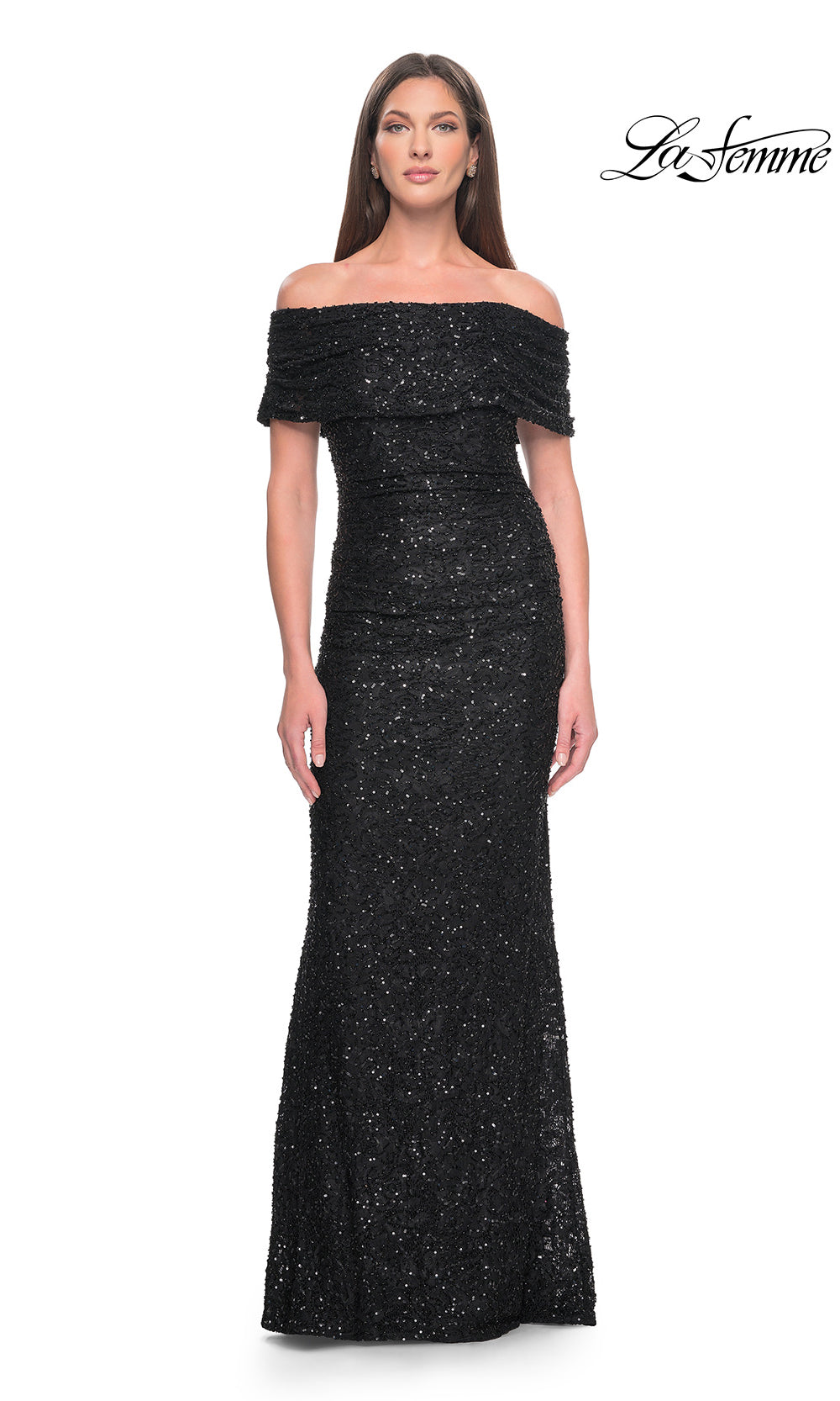 Woman wearing a black off-shoulder evening gown on a white background